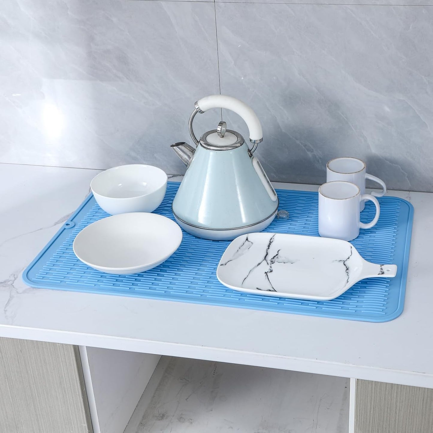 Silicone Dish Drying Mat for Multiple Usage,Easy clean,Eco-friendly,Heat-resistant Silicone Mat for Kitchen Counter or Sink,Refrigerator or Drawer Liner Light Blue 4XL 32 inches x 18 inches