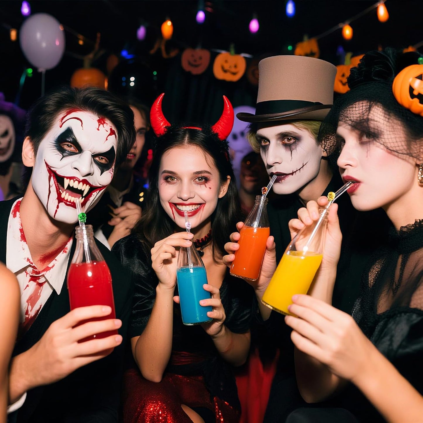 Halloween Straws Set - Cute Glass Straws with Charms | 8mm BPA Free Reusable Clear Glass Drinking Straws, Bent 9" Borosilicate Durable Skull Design Eco Friendly, Fun Party Gift with 2 Cleaners