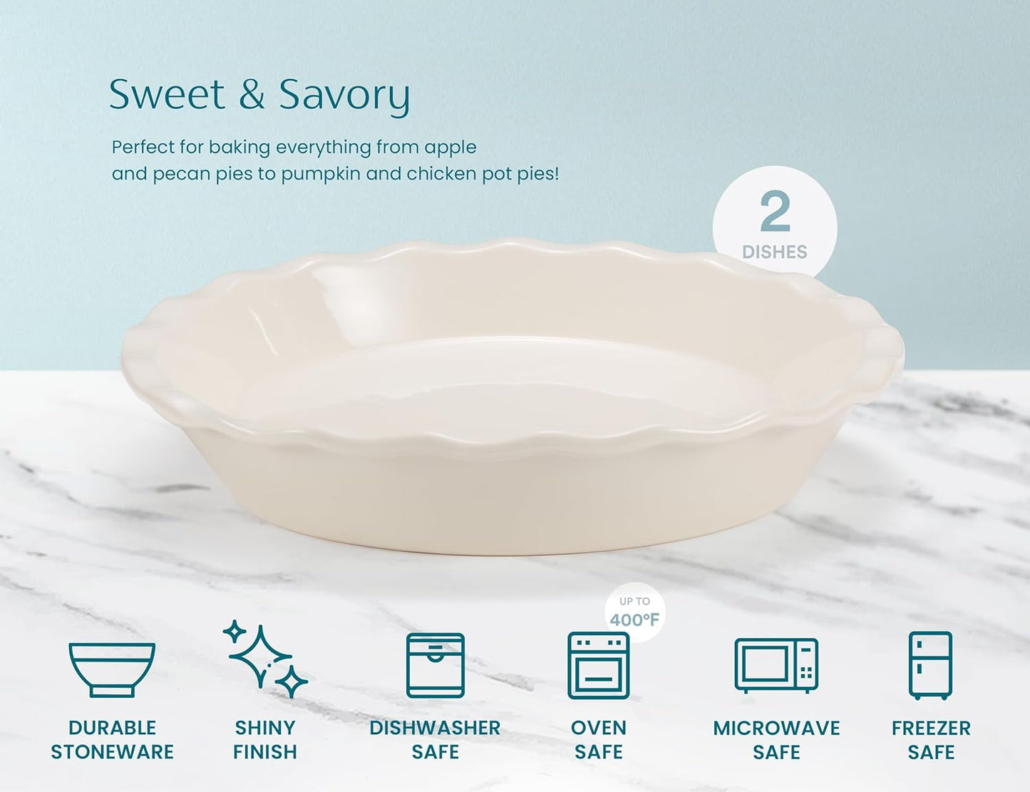 KooK Pie Pan, Ceramic Reusable Round Pie Dish, Quiche Baking Dish, Deep, Wave Edge, For Cakes, Tart, Casseroles, Tarts, Microwave, Oven and Dishwasher Safe, 9-Inch, 36 oz, Set of 2, Ivory