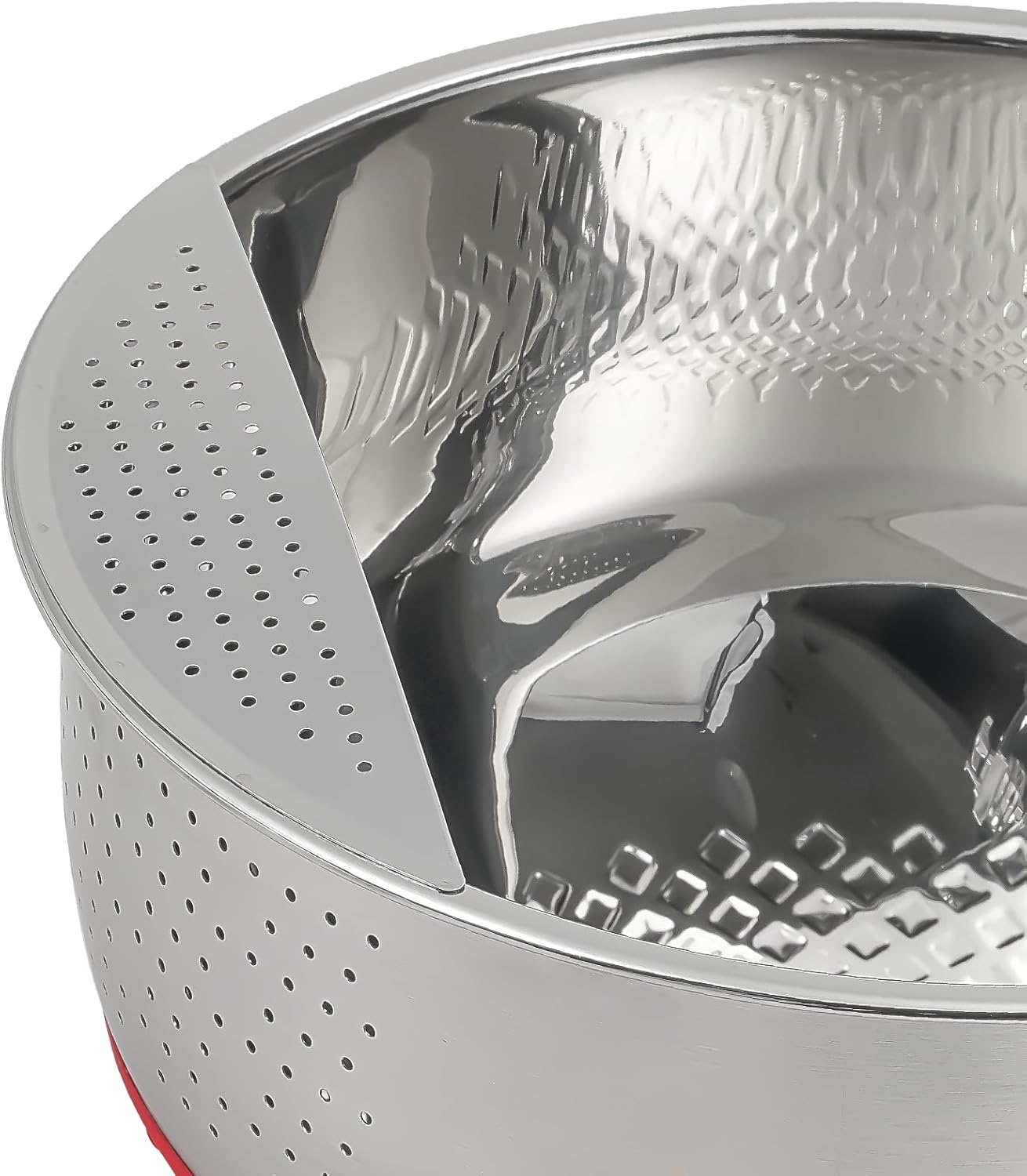 Rice Washer Strainer Bowl Quinoa Washing Bowl whit Handle Stainless Steel Colander Versatile Side Drainers for Cleaning Rinsing Fruits, Vegetables, and Beans - Tilting Non-slip Silicone Bottom, Red