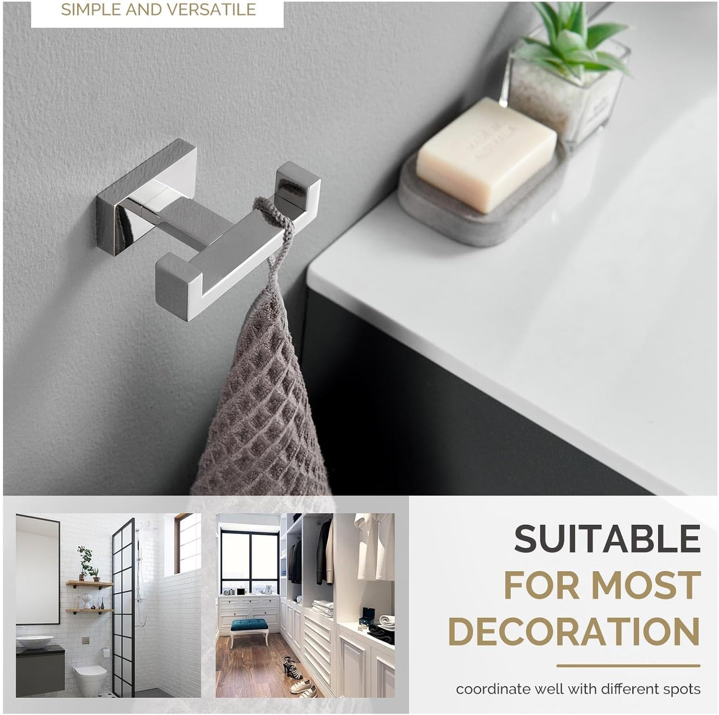 Angle Simple Bathroom Towel Hook, SUS 304 Stainless Steel Hand Towel Double Hook for Wall, Robe Coat Holder, Polished Chrome