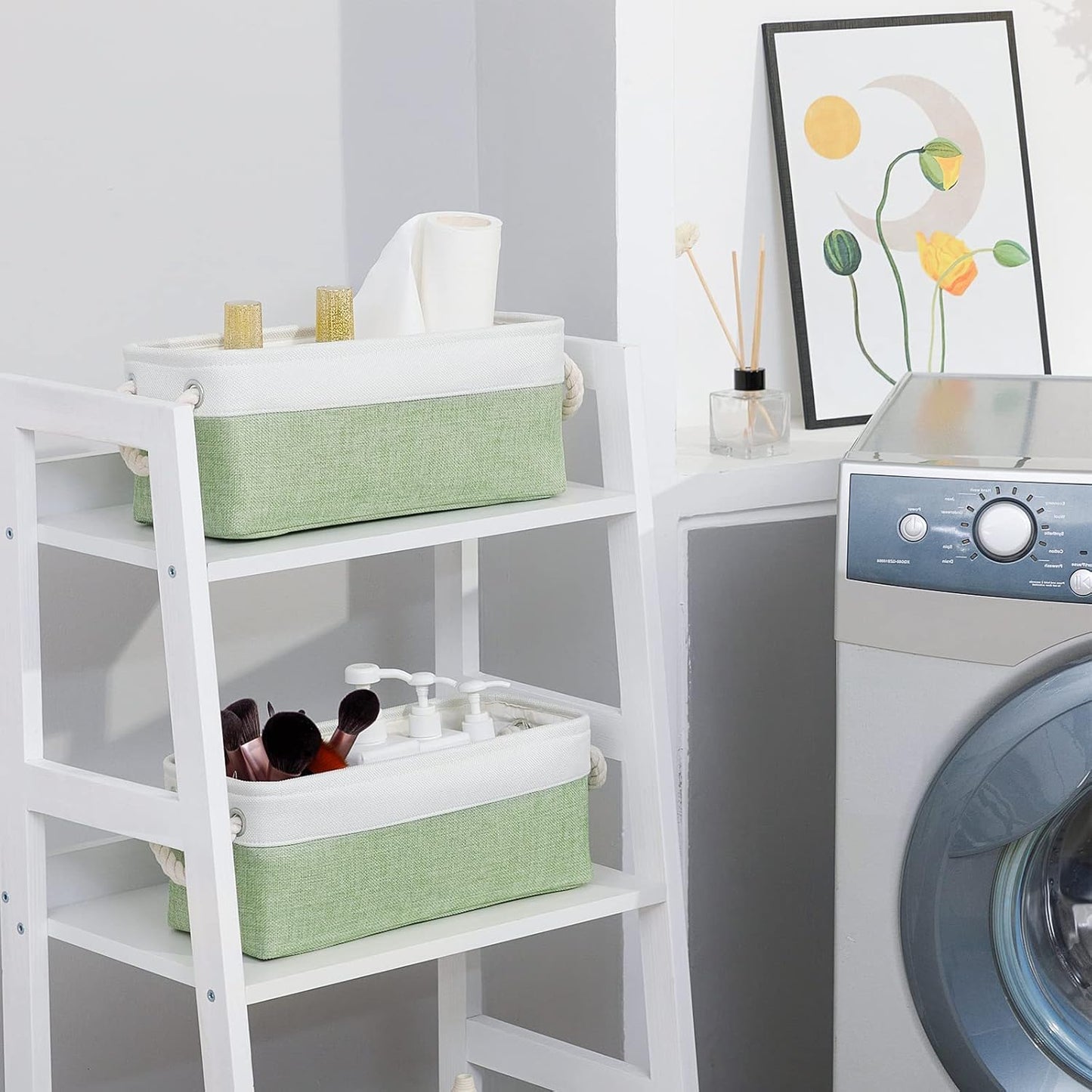 DULLEMELO Toilet Paper Storage Basket, Toilet Paper Basket for Back of Toilet, Bathroom Storage Basket for Cosmetics Towels Toilet Paper, Toilet Tank Basket with Rope Handles for Toilet(White&Green)