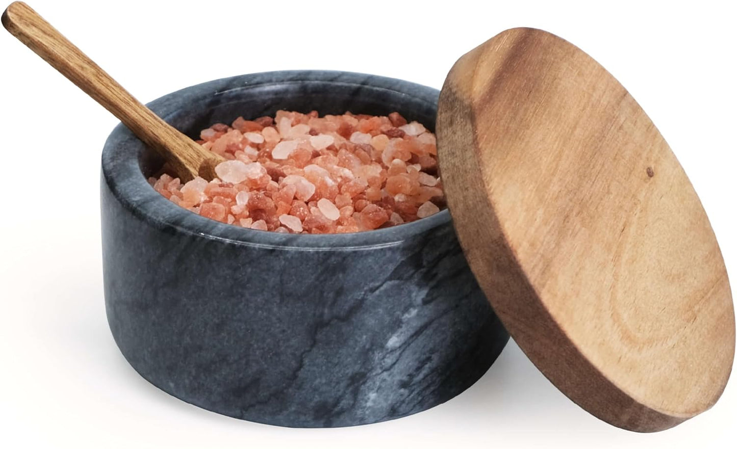 Marble Salt Cellar with Acacia Wood Lid and Spoon – 4-inch Salt Box with Spoon Slot, Kitchen Spice Container for Salt, Sugar, or Spices (Grey)