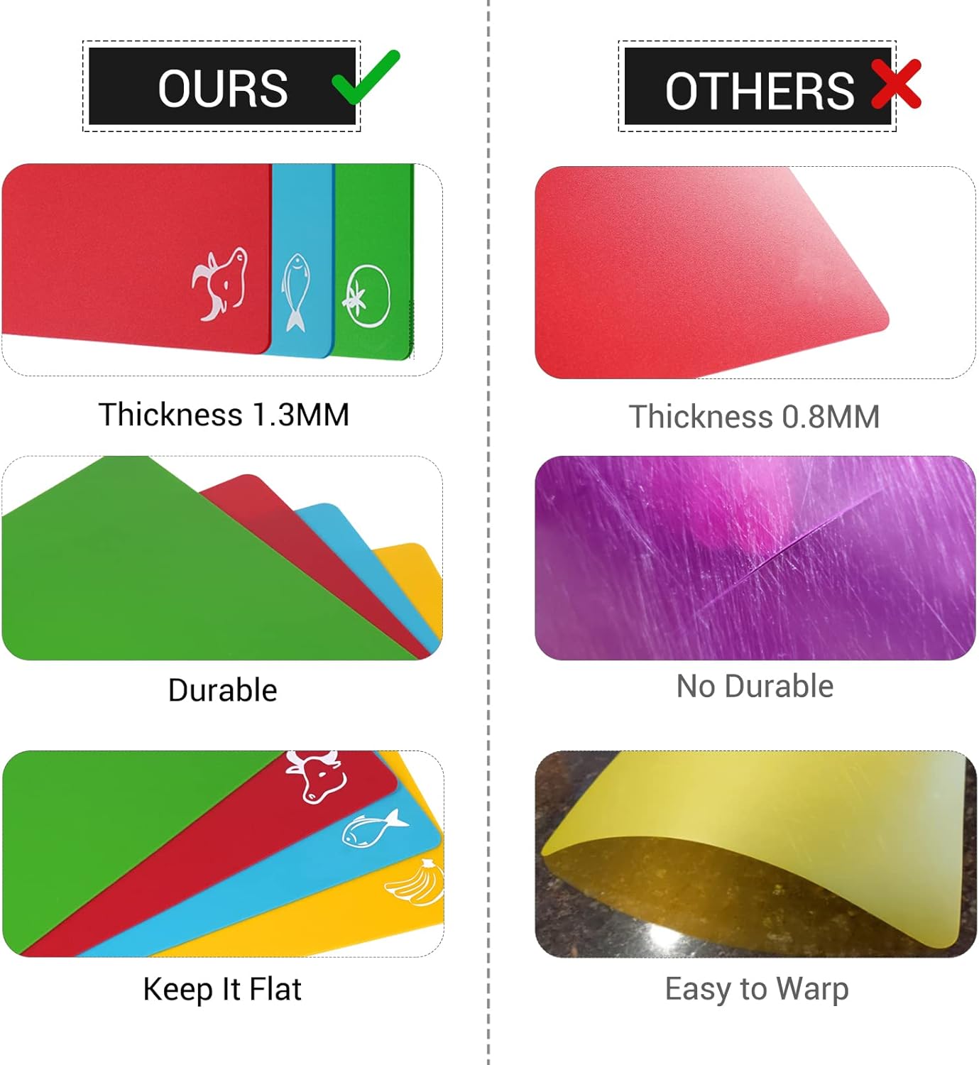 Kitchen Plastic Cutting Board Set - Extra Thick Flexible Cutting Mat for Cooking, Non-Slip Chopping Board with Colored Food Icons & Easy-Grip Handles, Dishwasher Safe, Set of 4