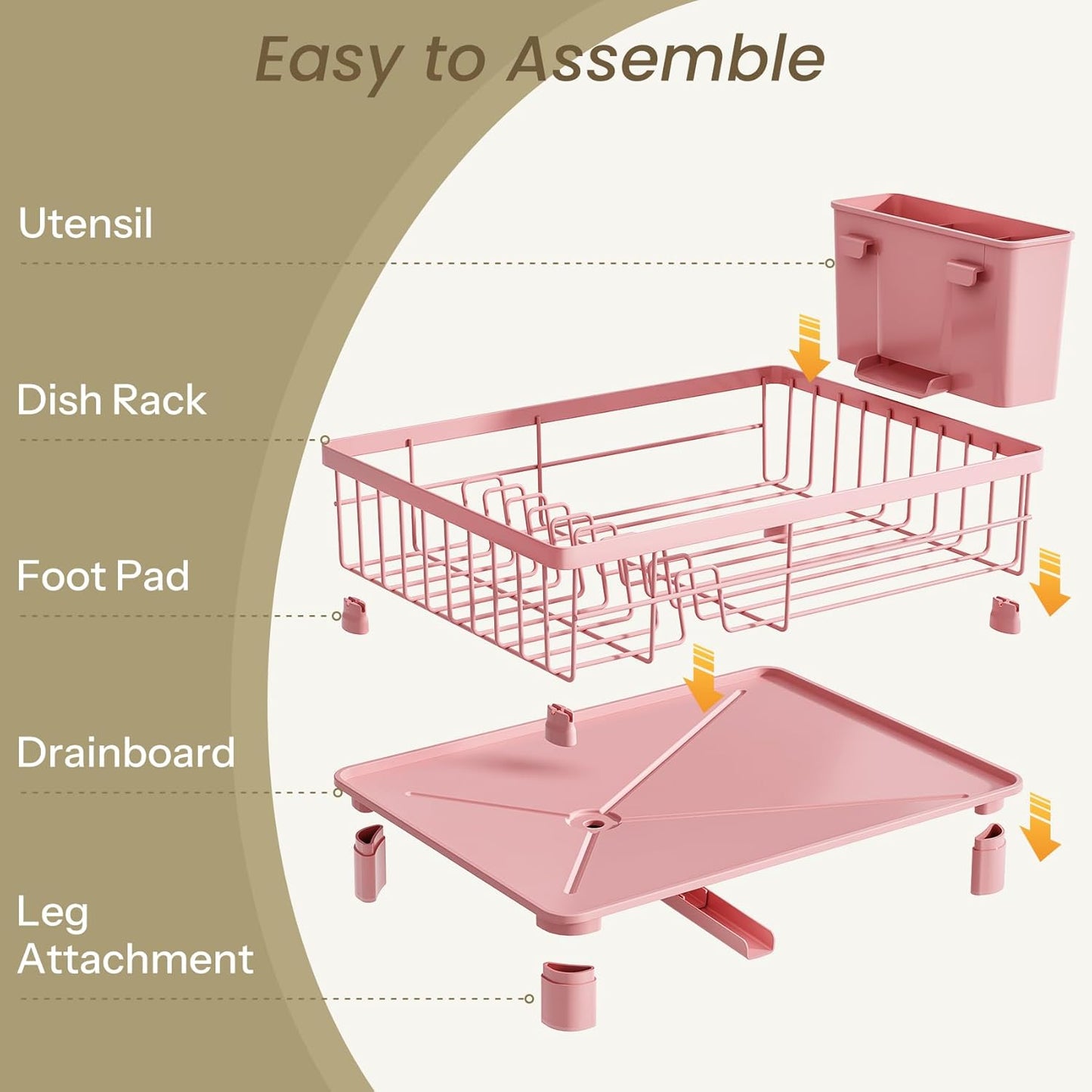 Dish Drying Rack - Small Dish Rack for Kitchen Counter, Stainless Steel Dish Drainer with Utensil Holder and Drainboard (Pink)