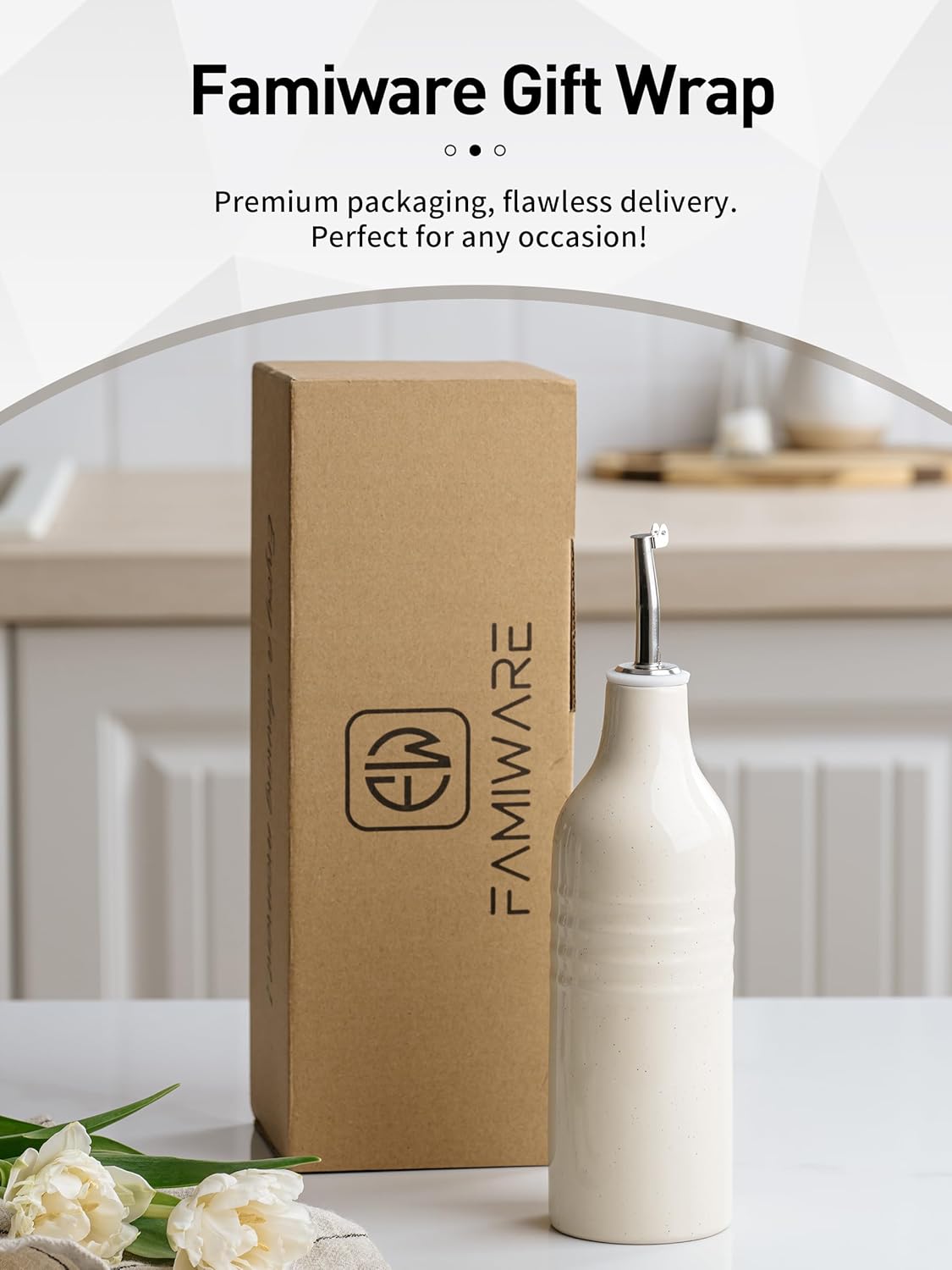 famiware Jupiter 16oz Ceramic Olive Oil Dispenser Bottle, Olive Oil and Vinegar Dispenser Bottle Set of 2 with Stainless Steel Pourers, Suitable for Storage Vinegar, Liquids, Vanilla White