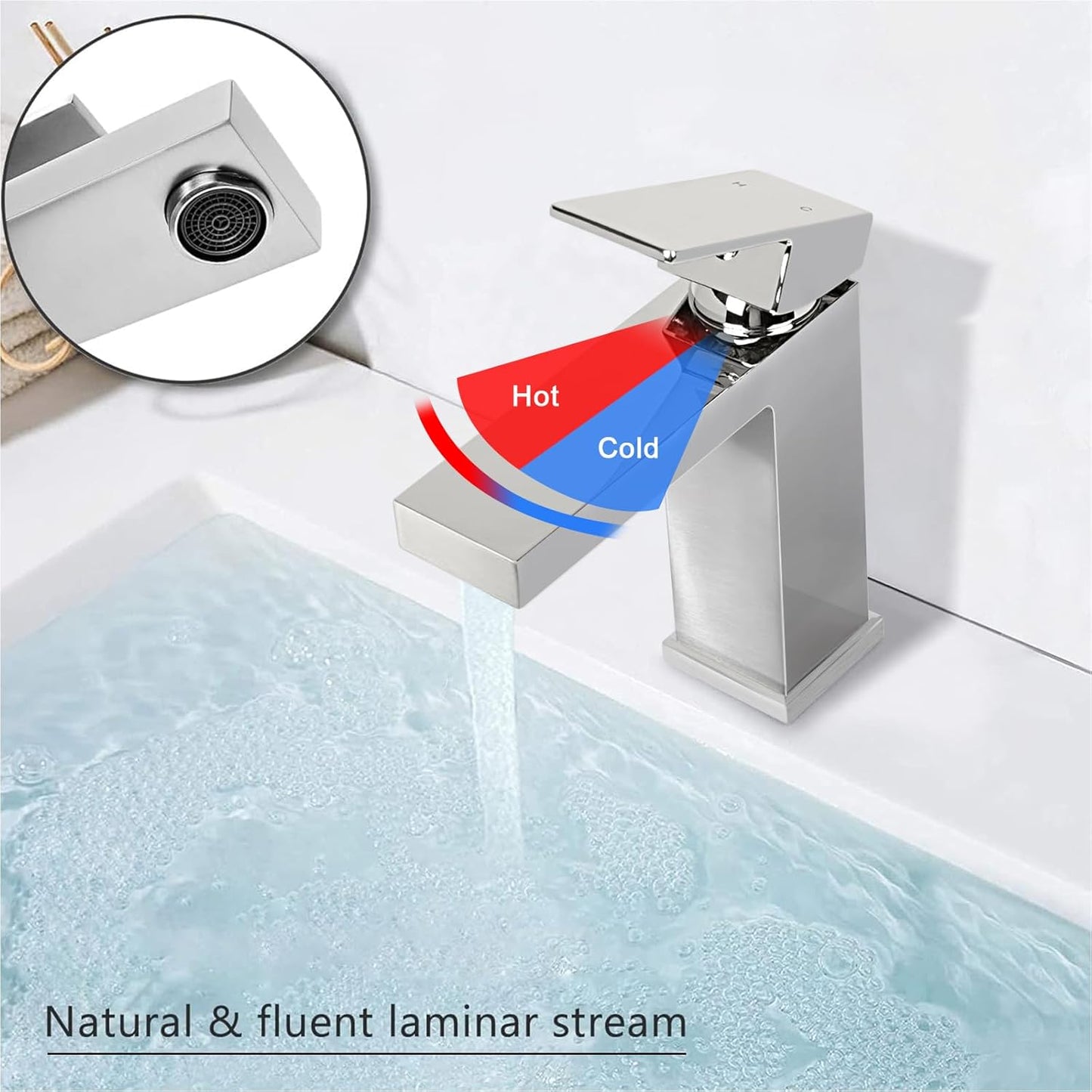 Brushed Nickel Bathroom Faucet for 1 Hole, CEC & cUPC Certified Lead-Free Solid Brass Vanity Faucet for Bathroom Sink with Pop Up Drain Stopper & Water Supply Hoses