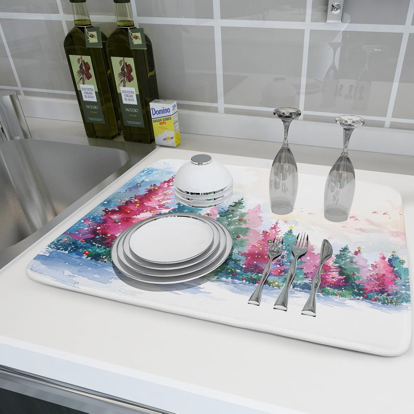 Decorative Christmas Dish Drying Mats Pink Green Xmas Tree Painting Rack Drainer Mats for Coffee Bar 18 X 24 Inch