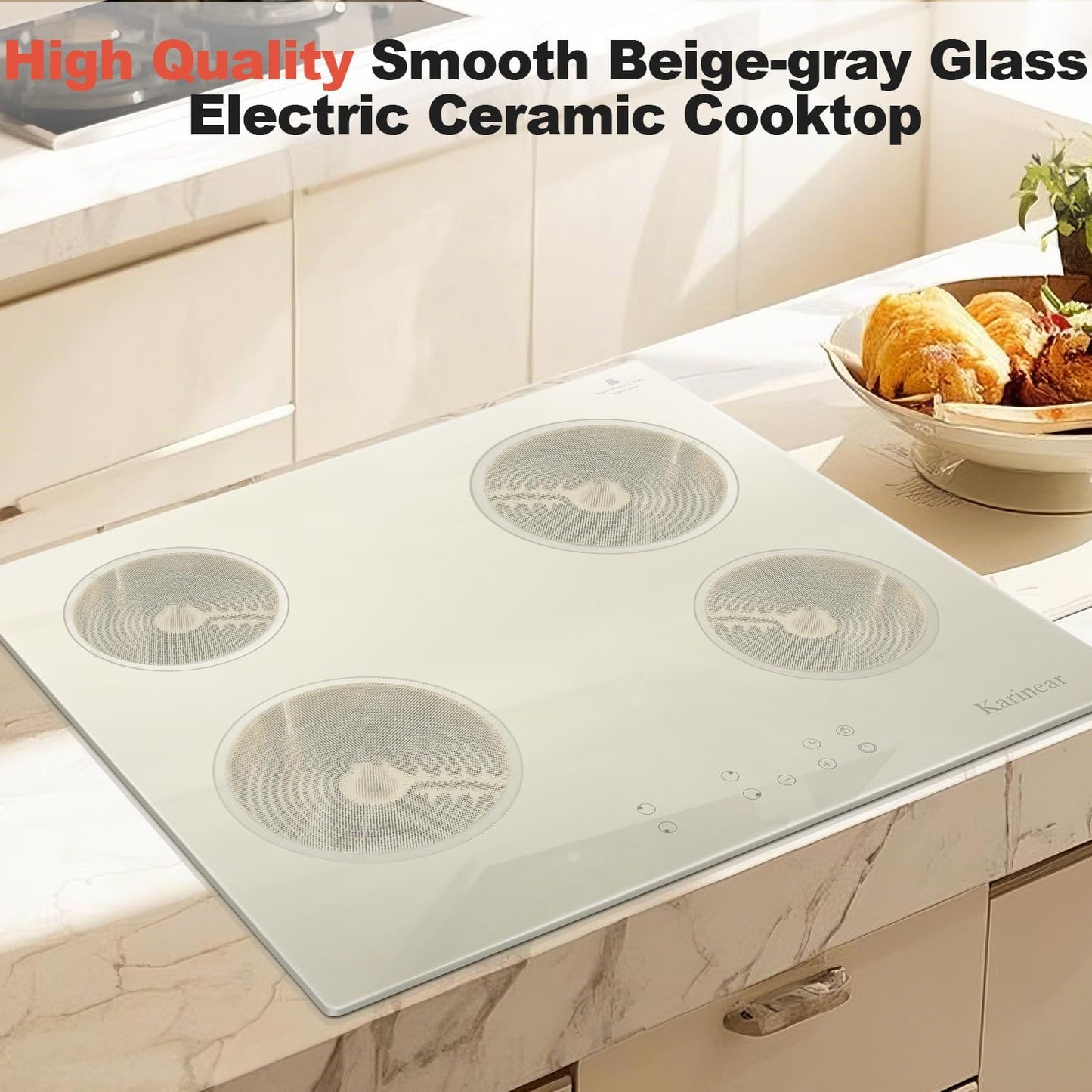 Karinear Electric Cooktop 24 Inch, Beige-gray Glass Electri Cermaic Stove, 4 Burners Electric Stove Top with Timer, Child Safety Lock, High Temperature Alert, 6000W, Drop-in 240V Hardwire(No plug)