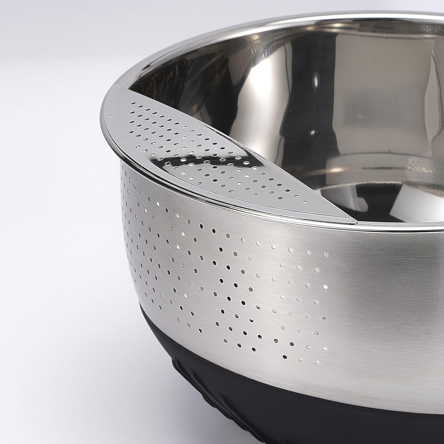 Rice Strainer Bowl Quinoa Washer whit Handle Stainless Steel Colander Versatile Side Drainers for Washing Cleaning Rinsing Fruits, Vegetables, and Beans - Tilting Non-slip Silicone Bottom