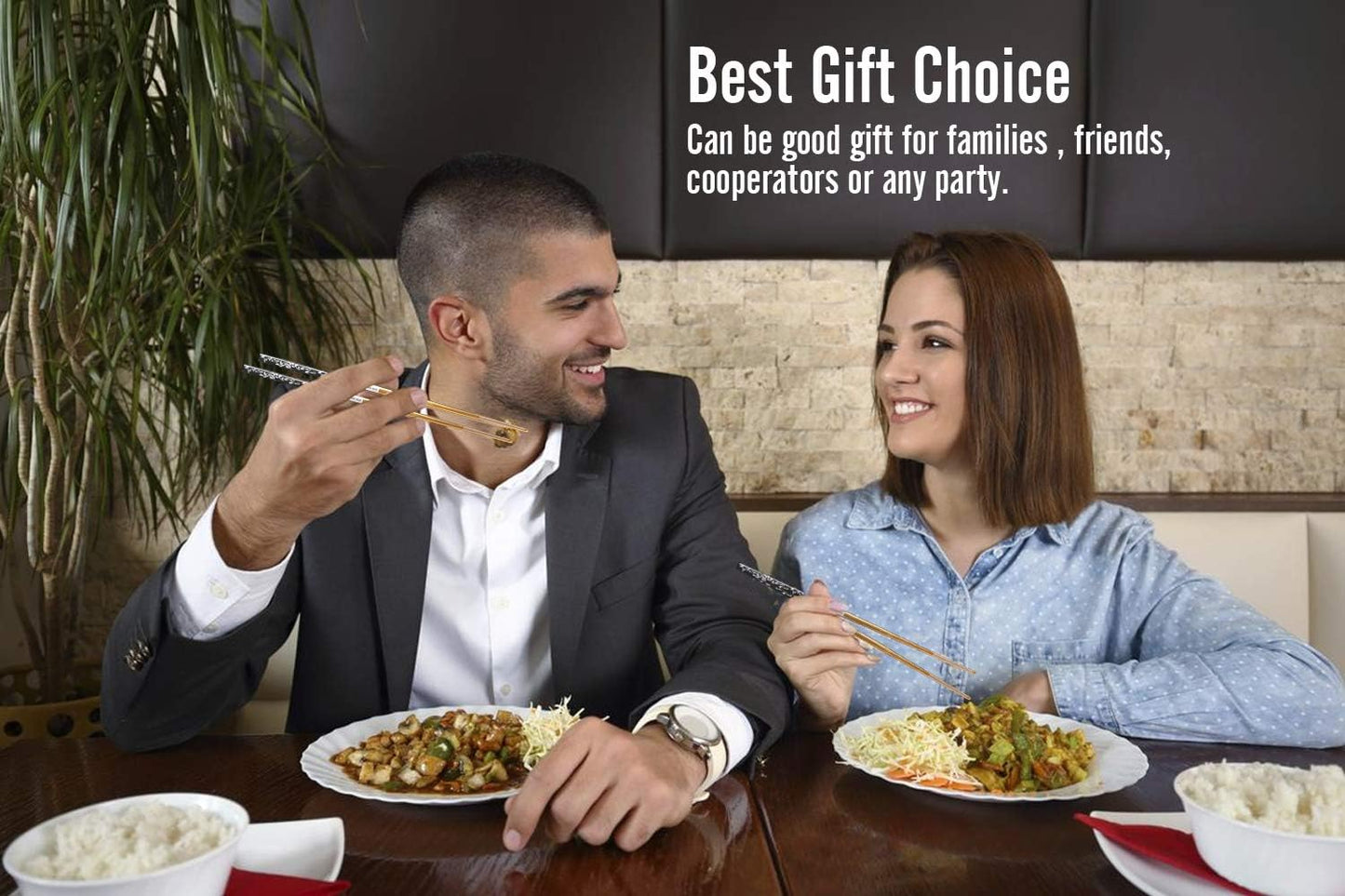 Chopsticks Reusable Titanium Plated Metal Chopsticks 304 Stainless Steel Chopstick Dishwasher safe Japanese Korean lightweight Engraved Anti-slip Chop sticks for Eating 2 Pairs Gift Set Black Gold