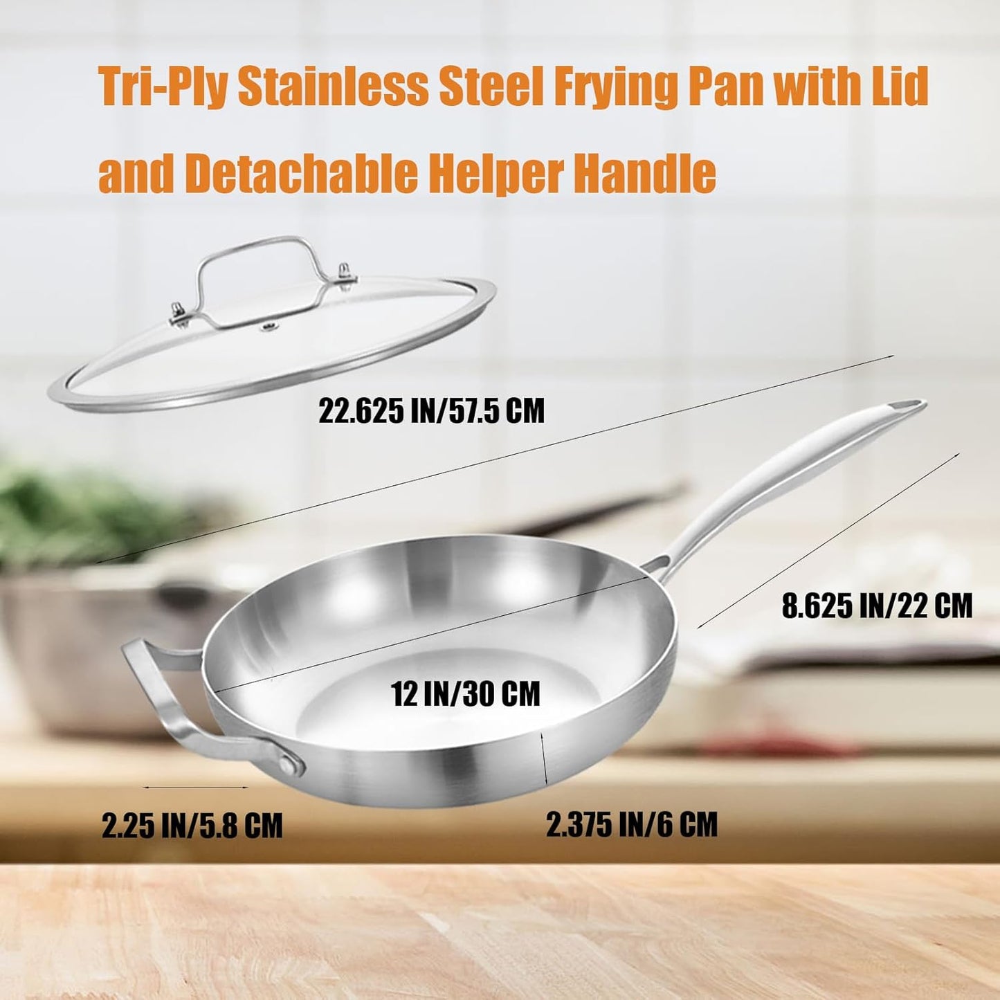 Inqibee 12 Inch Tri-Ply Stainless Steel Frying Pan with Lid and Helper Handle,Skillet,Induction Cooking Pan,Dishwasher and Oven Safe,Detachable Handle.