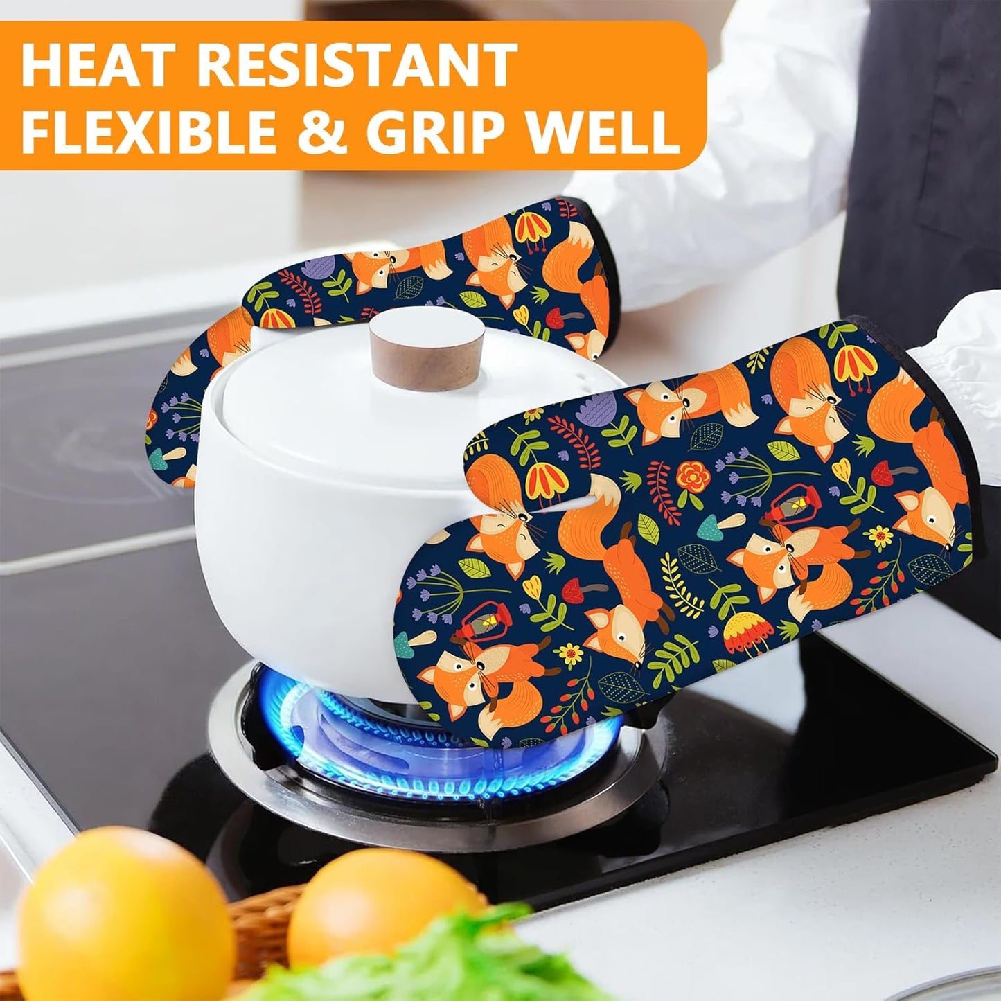 Cute Fox Oven Mitts and Pot Holders Sets 4Pcs,Extra Long Oven Gloves Potholder for Kitchen Cooking Baking BBQ 100% Cotton Heat Resistant