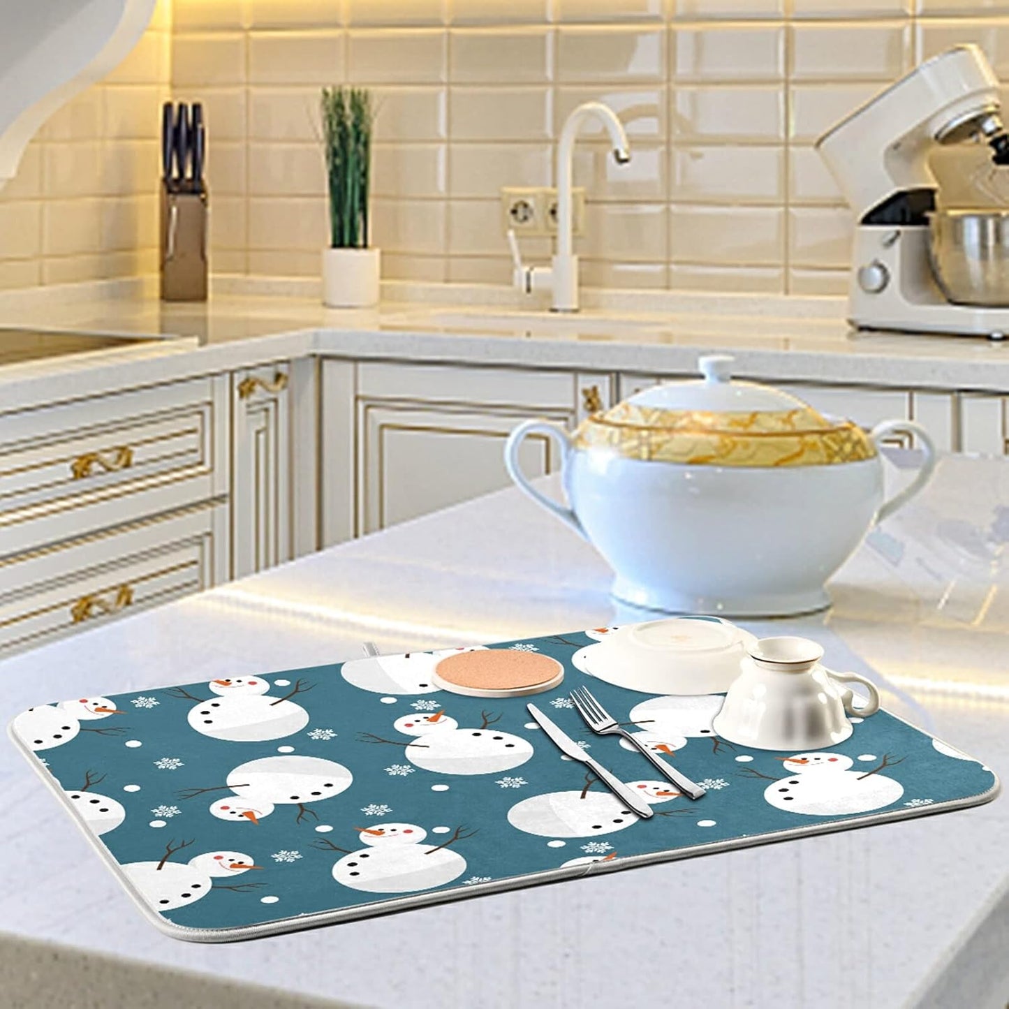 Super Absorbent Dish Drying Mat, Microfiber 23 Fast-Drying Dish Mat, 16" x 18", Kitchen Dish Drying Pad, Snowman Snowflake Cute Christmas Holidays…