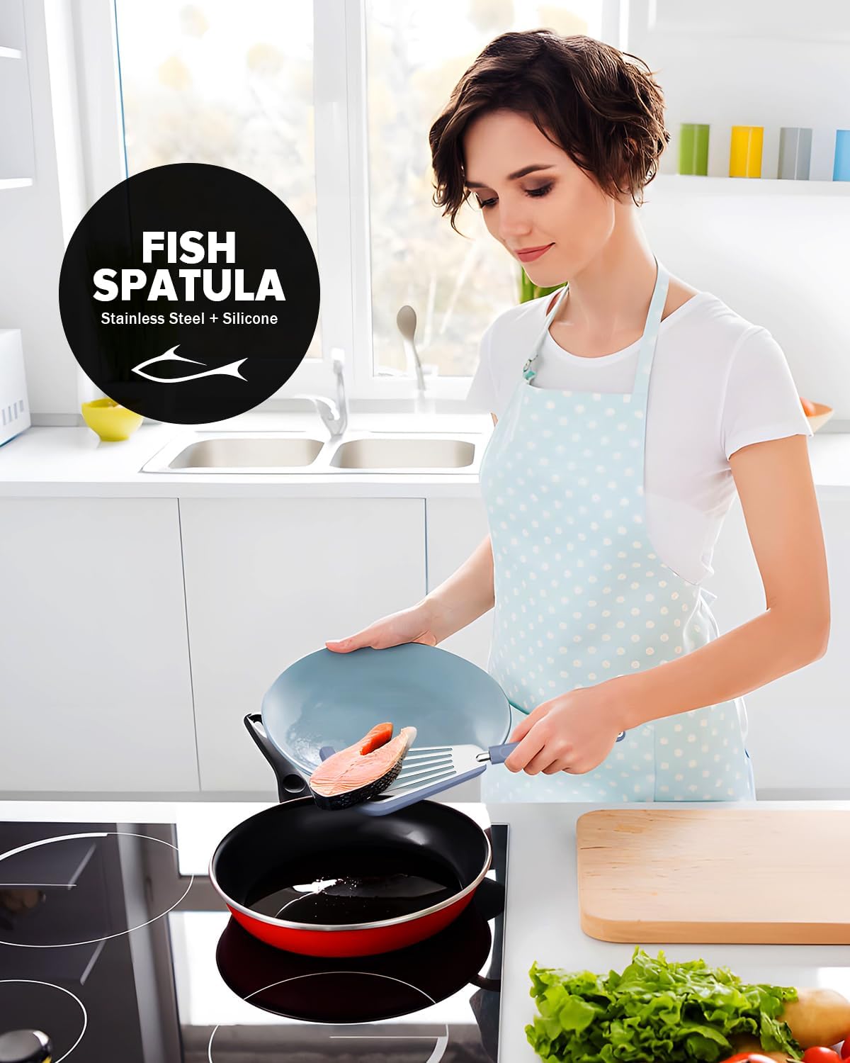 Silicone Fish Spatula Turner Set of 2, Thin Slotted Spatulas Turner for Nonstick Cookware,Heat Resistant Flexible Stainless Steel Kitchen Cooking Spatula Flipper for Fish, Egg, Pancake (BG)