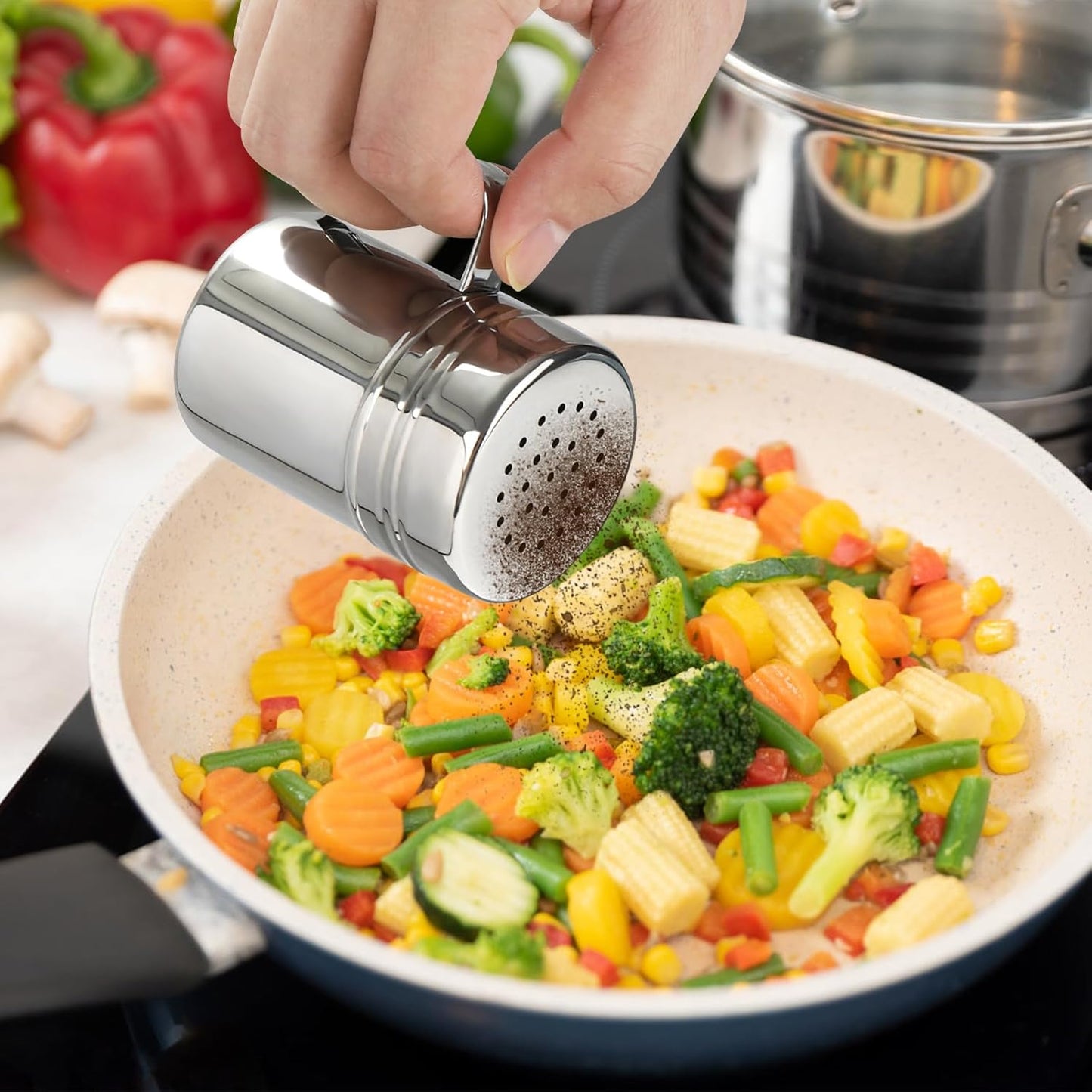 Accmor 2pcs Stainless Steel Dredge, Salt Pepper Dredge Shakers with Handle, Seasonings Spice Shakers with Lid, 6 Ounce