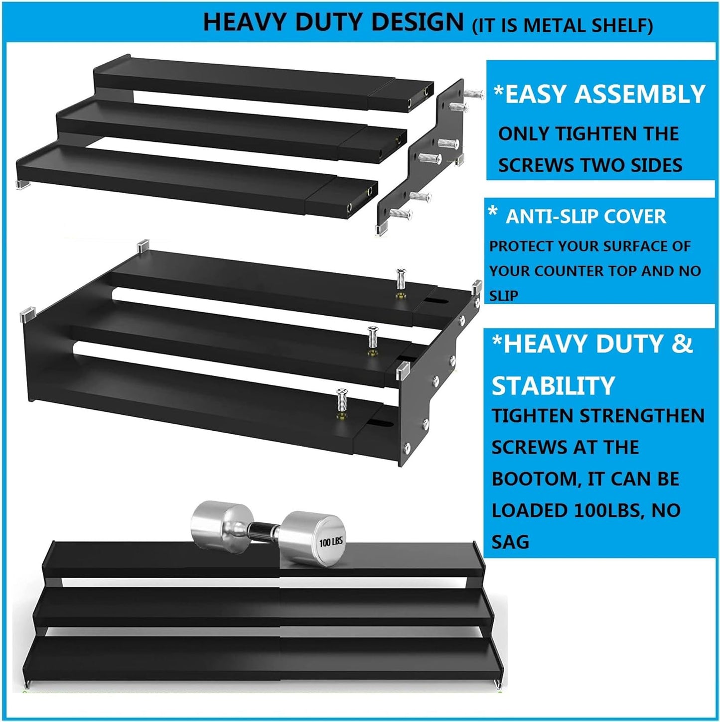 Expandable Spice Rack Storge organizer with 3-Tier step shelf for cabinet,seasoning racks organizion.Great for Kitchen countertop shelves,Pantry and more(2packs/Black)