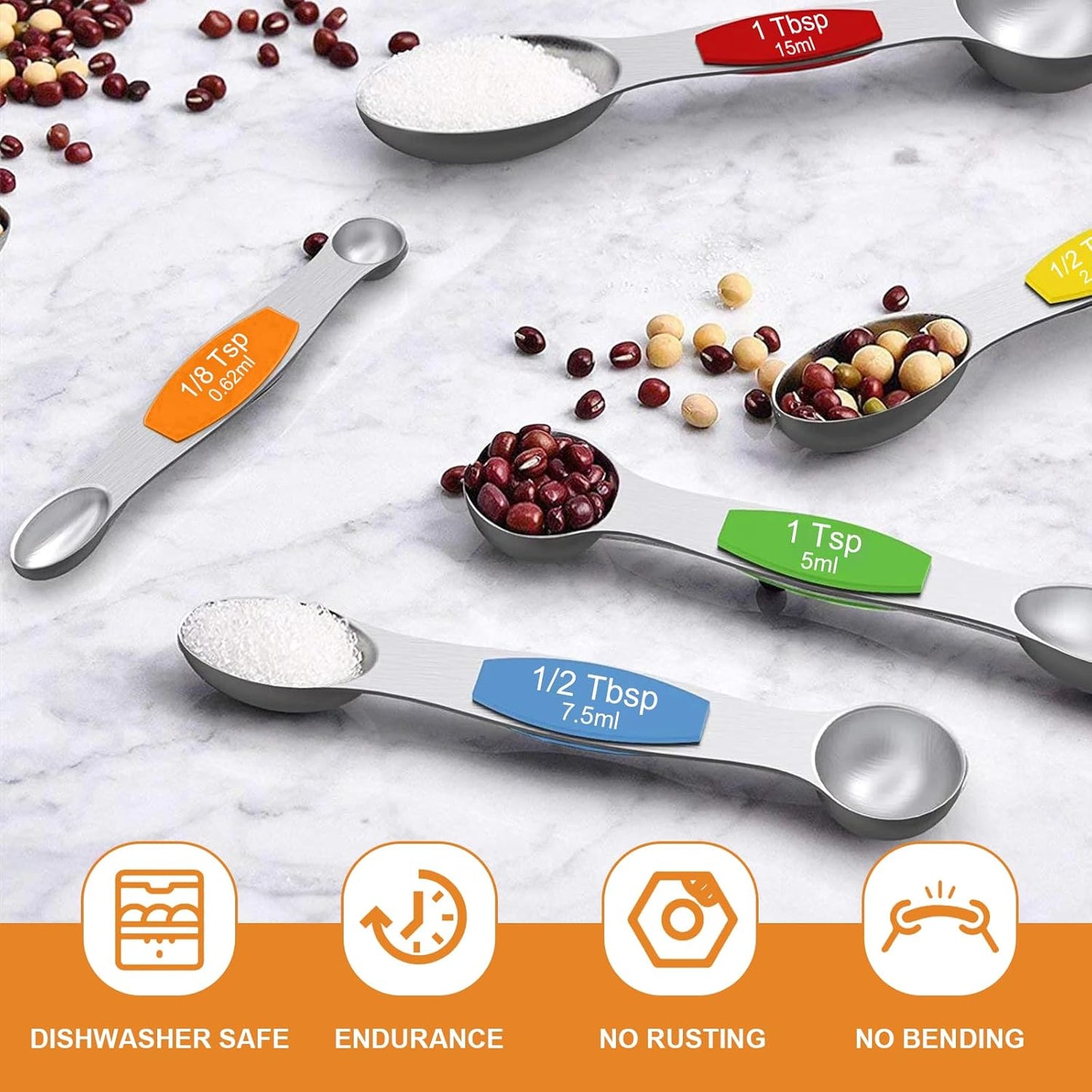 Magnetic Measuring Spoons Set - Wildone Stainless Steel Double Sided Measuring Spoons Set of 7, for Dry and Liquid Ingredients, including 6 Heavy Duty Nesting Spoons, 1 Leveler, Fits in Spice Jar