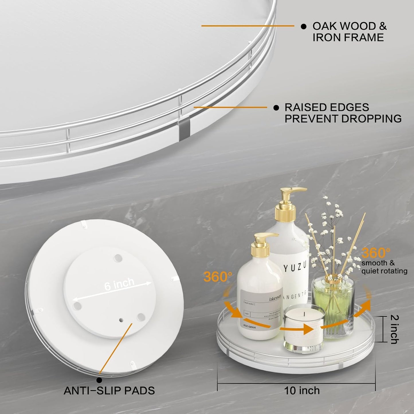 10" Oak Wood Bathroom Tray for Counter, Vanity Tray for Perfume Lotion Candle Makeup Jewelry Sink Soap Holder Turntable Dresser Organizer Countertop Coffee Table Decor Organization and Storage Silver