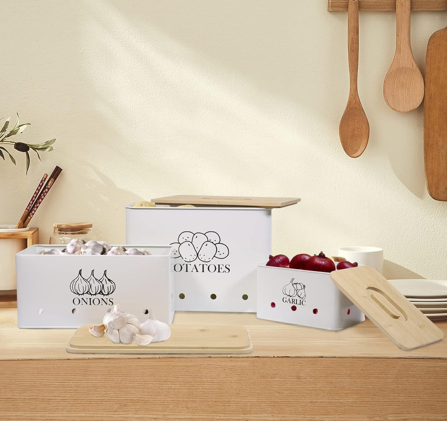 Kitchen Vegetable Storage Tins Set of 3 for Potato Onion & Garlic with Wooden Lid, Kitchen Storage Canisters Set, Long Shelf Life - White