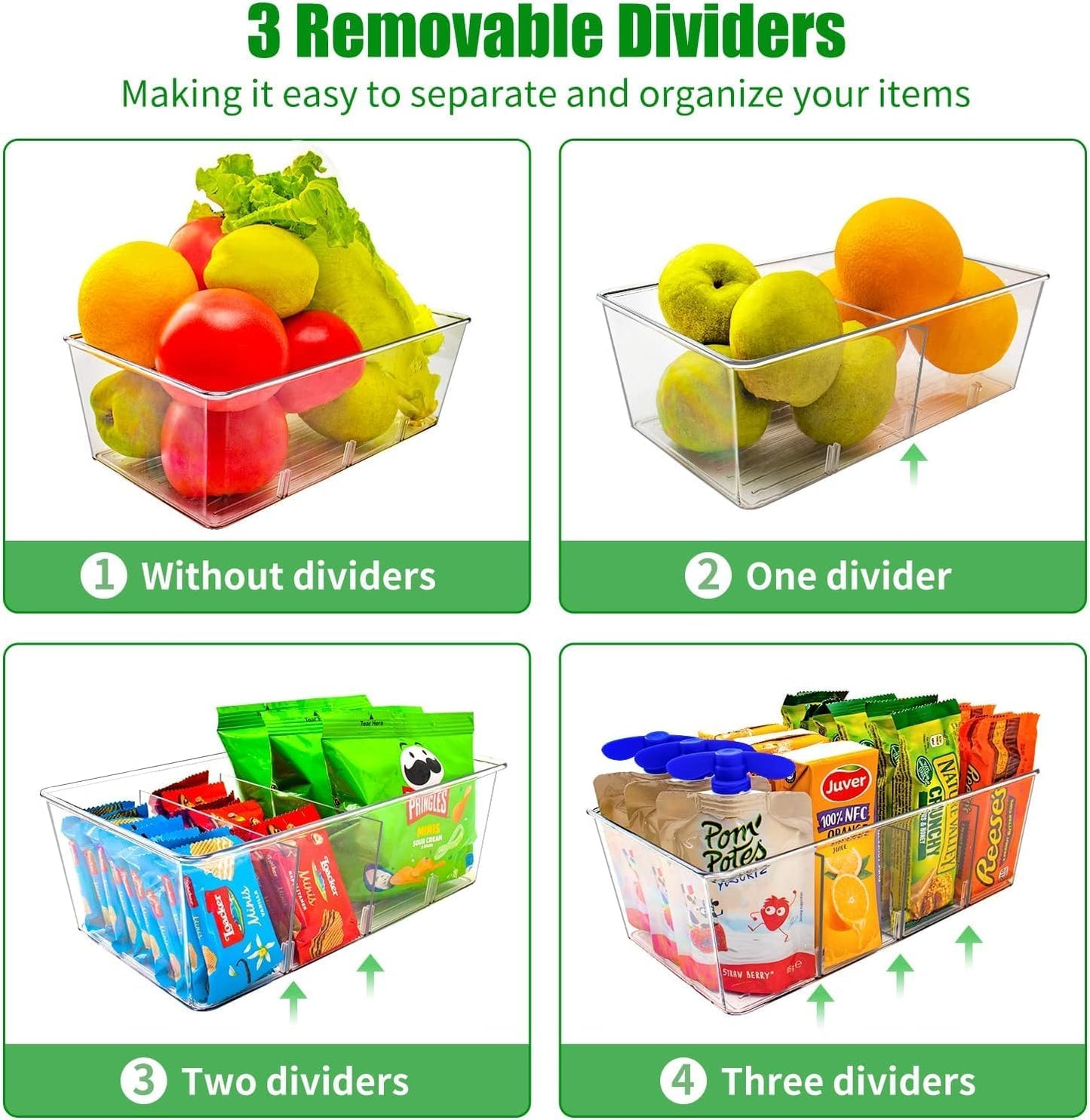 4 Pcs Clear Pantry Organizers and Storage,Plastic Storage Bins for Fridge with Removable Dividers, Kitchen Cabinet Organizers Ideal for Kitchen, Pantry, Refrigerator, Freezer, and Snack Storage