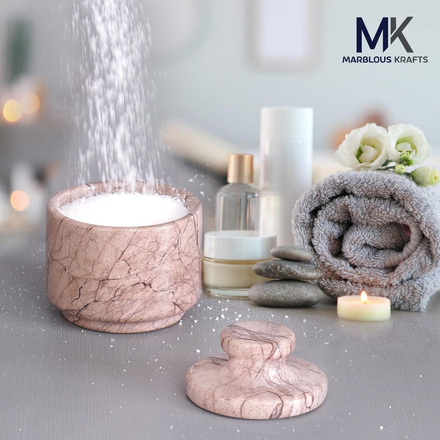 Marble Salt Cellar with Lid 3" Marinara Stone Salt Holder for Counter, Spice Jar, Salt Box, & Stone Salt Container, Salt & Spice Jar