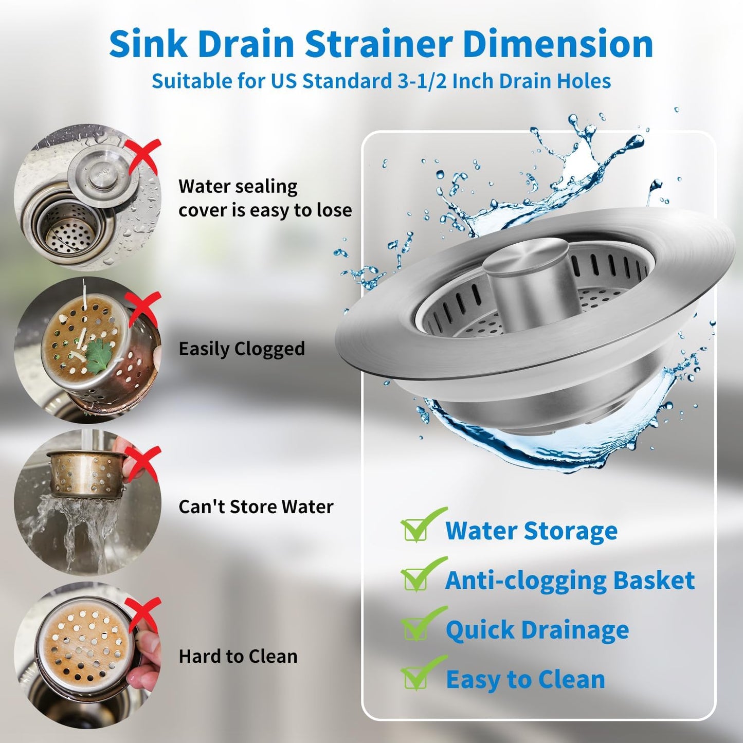 3 in 1 Kitchen Sink Drain Strainer, Upgraded Stainless Steel Sink Stopper Anti-Clogging Pop Up Sink Strainer with Basket Strainer for US Standard 3-1/2" Drain (Silver-1Pcs)
