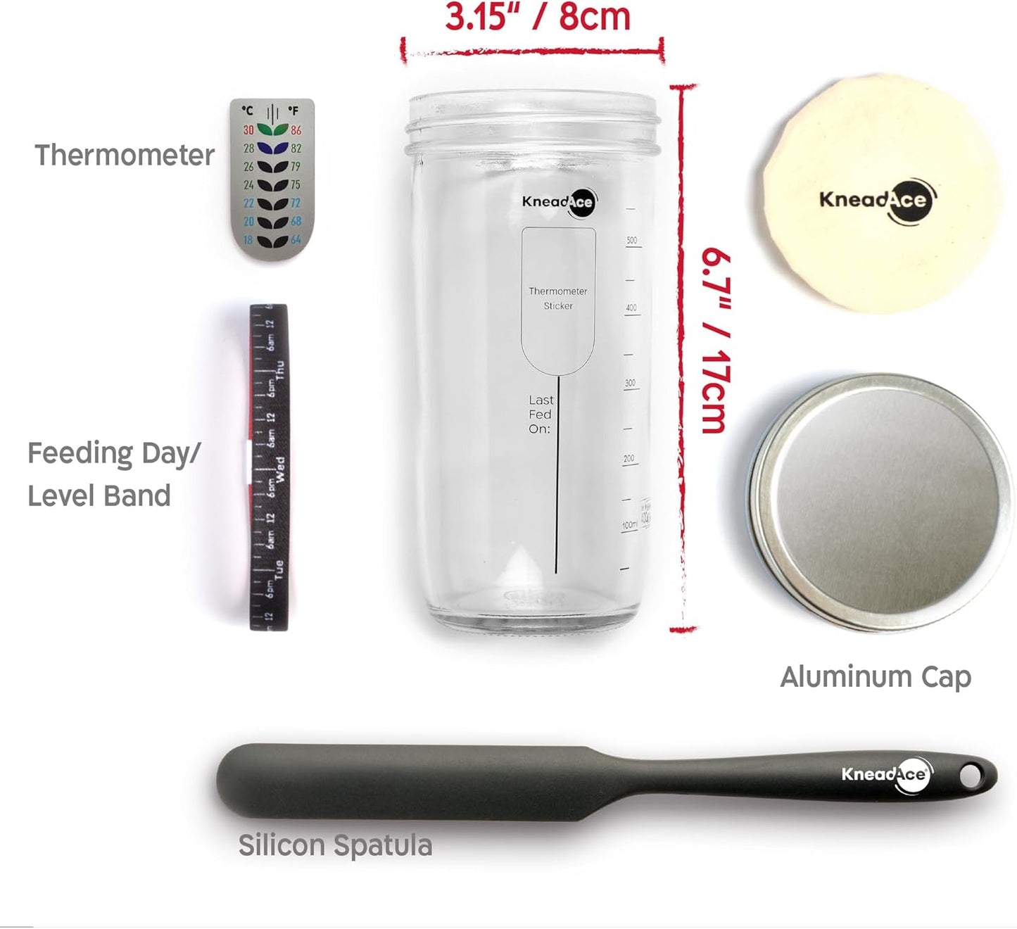 KneadAce Sourdough Starter Kit (24oz Jar, 2xOval Baskets, Gray Bread Lame)