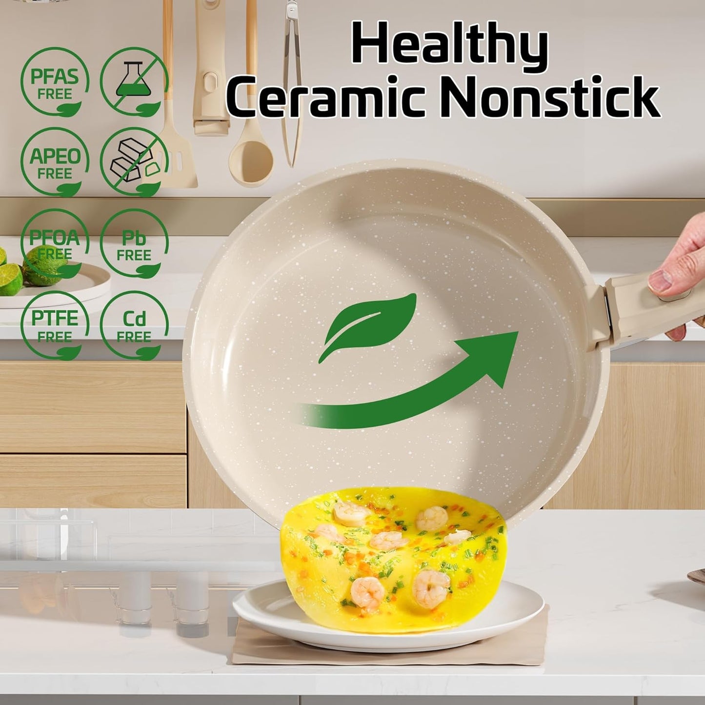 26 Pcs Pots and Pans Set Non Stick, Ceramic Cookware Set Non Toxic with Detachable Handles, Healthy Induction Cookware Dishwasher Oven Safe RV Kitchen Set, PFAS PFOA & PTFE Free, Taupe