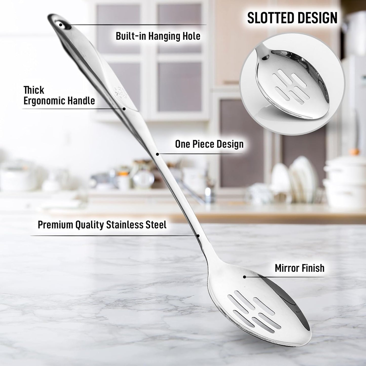 Zulay Kitchen Stainless Steel Slotted Spoon - Large Cooking Spoon - Durable Premium Stainless Steel with Comfortable, Ergonomic Handle - Easy to Clean - Perfect for At Home Cooking & Buffets - 15”