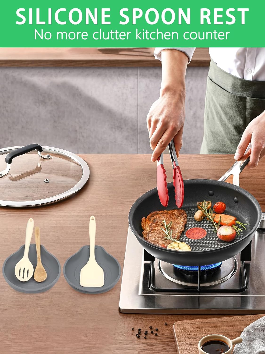 6.1" Large Spoon Rest for Stove Top, Silicone Spoon Rest for Kitchen Countertop Set of 2 Gray, Heat-Resistant Utensil Rest for Spatula, Tongs or Spoon