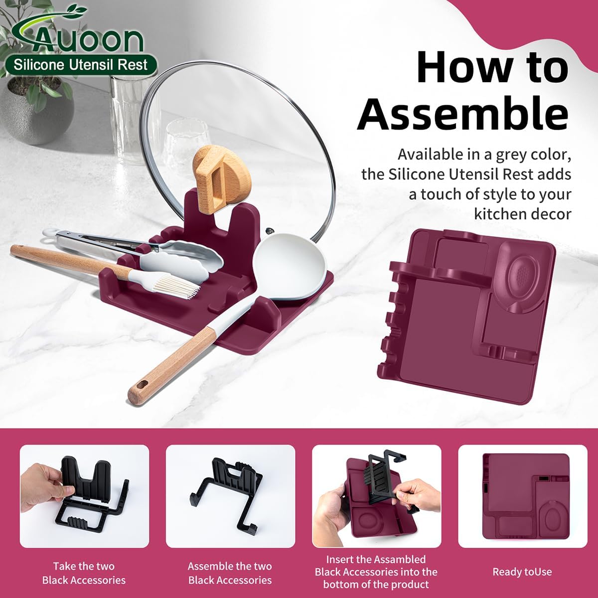 AUOON Spoon Holder for Stove - Silicone Spoon and Lid Rest with Drip Pad Kitchen Utensil Rest for Spoons, Ladles, Spatulas, Tongs & More (Cherry, Large)