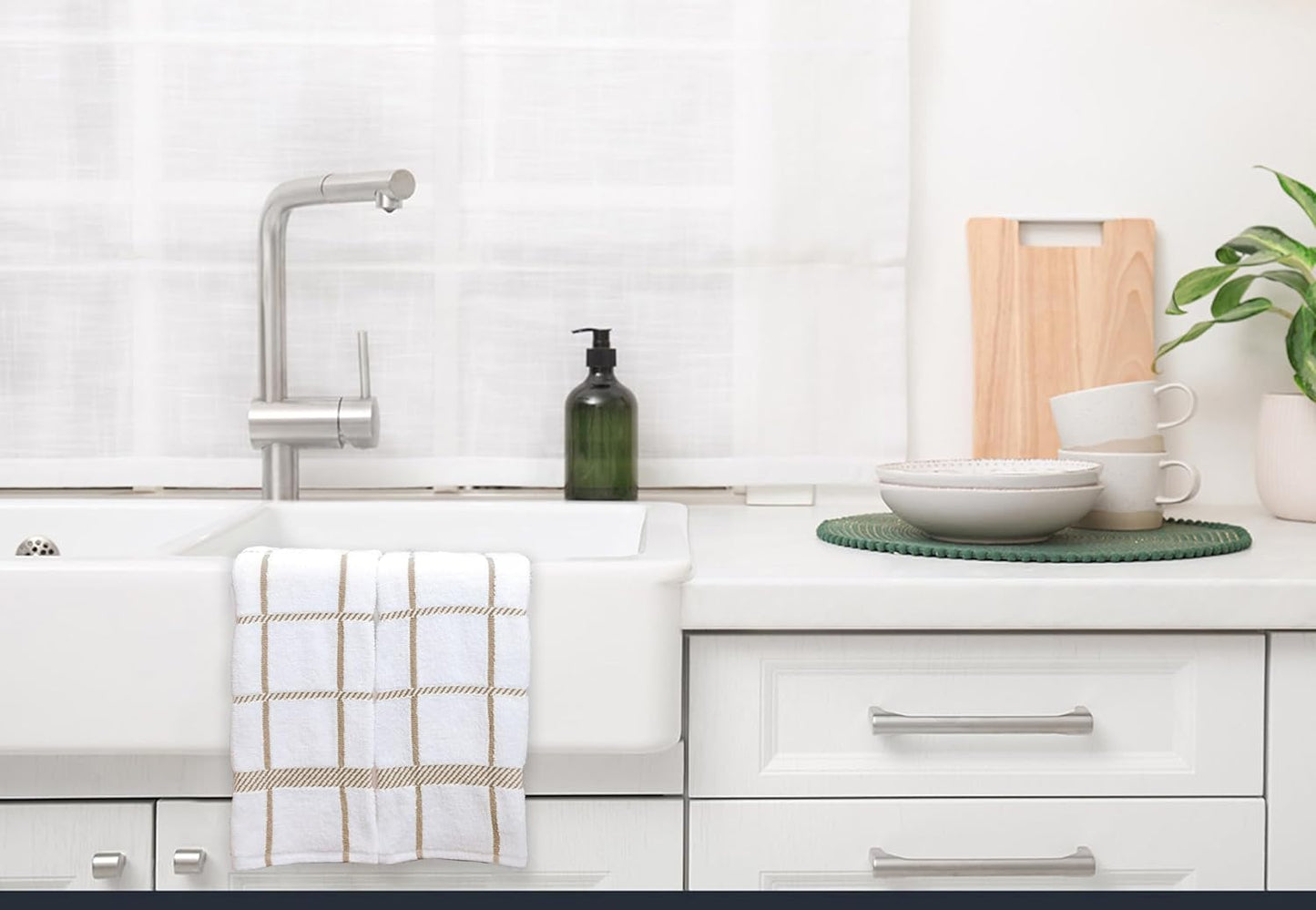 100% Cotton Terry Dish Towels, 4 Pack Checks, 16 x26 Inches, Super Soft and Absorbent Kitchen Towels, Perfect for Kitchen Cleaning and Dish Washing | Tan