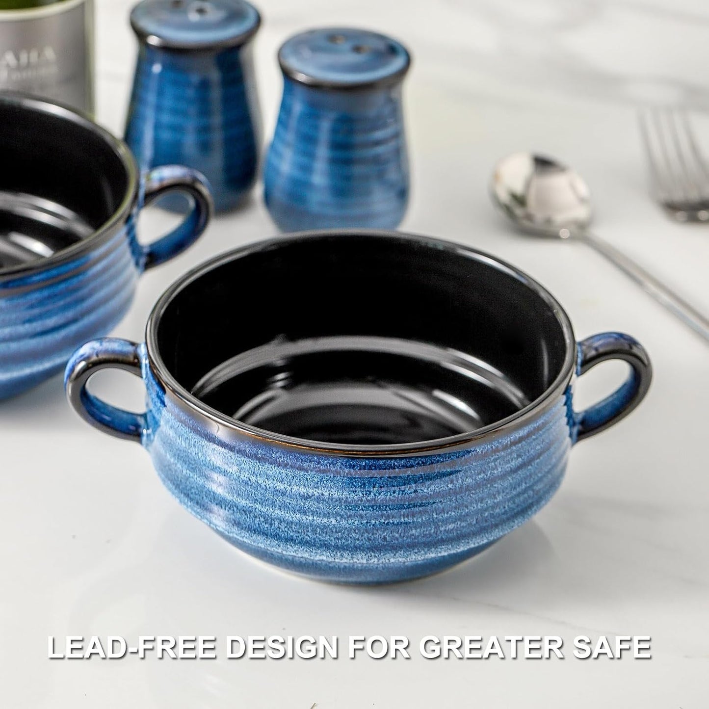 Hasense Ceramic Soup Bowls, 20oz French Onion Soup Bowls with Handle Set of 2, Serving Bowls for Chili, Stew, Salad, Microwave & Dishwasher Safe Soup Crocks, Blue