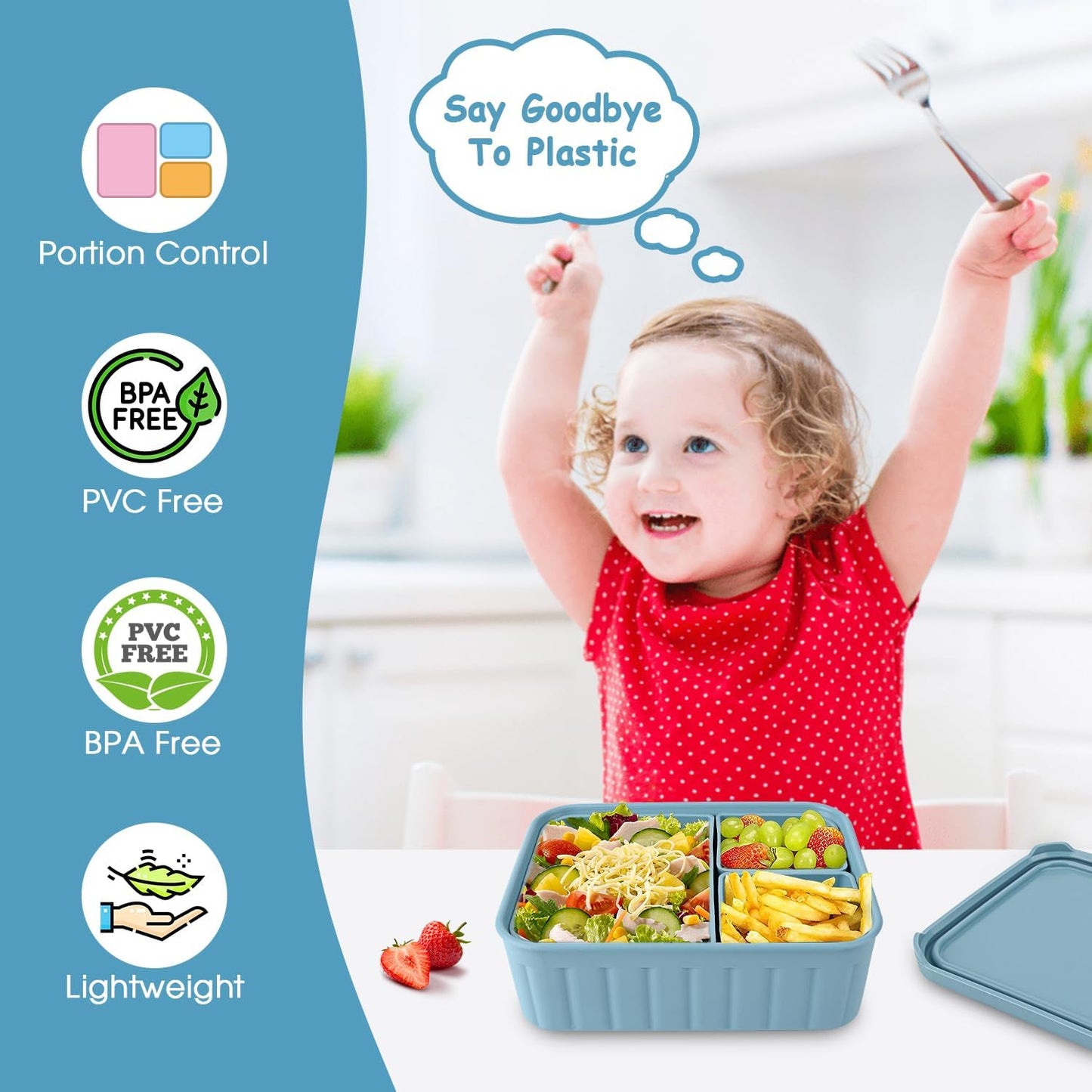 Bento Lunch Box for Kids-Reusable Silicone Kids Bento Box Lunch Container Leakproof Lunchbox Meal Prep Food Storage Containers with 3 Removable Compartments–Dishwasher Safe/BPA Free/Portion Control