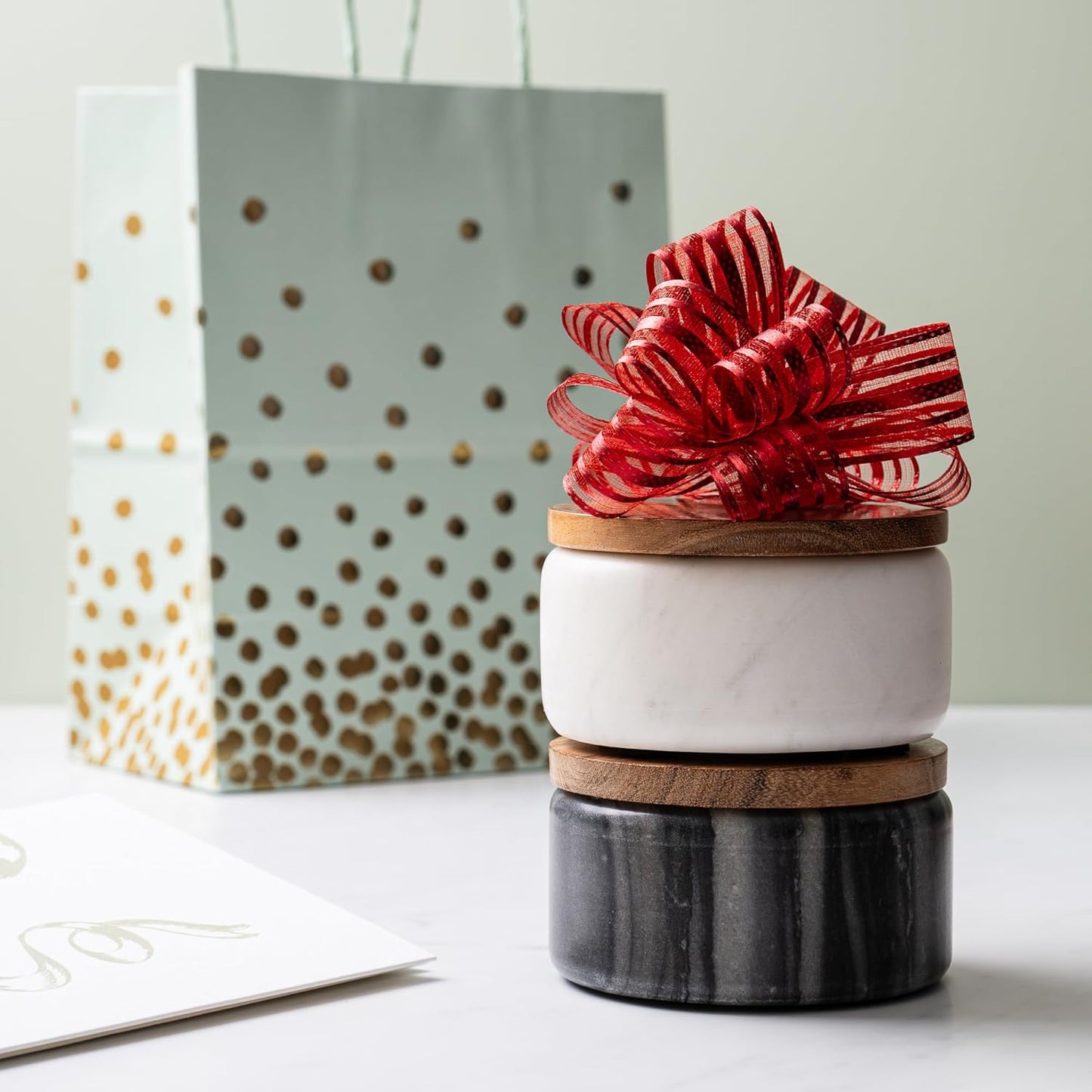 Cork & Mill White Marble Salt Cellar with Acacia Wood Lid and Spoon - Elegant Modern Handcrafted Container for Countertop - Keeps Spices Dry - Wide 4” Salt Pig with Non-Skid Feet