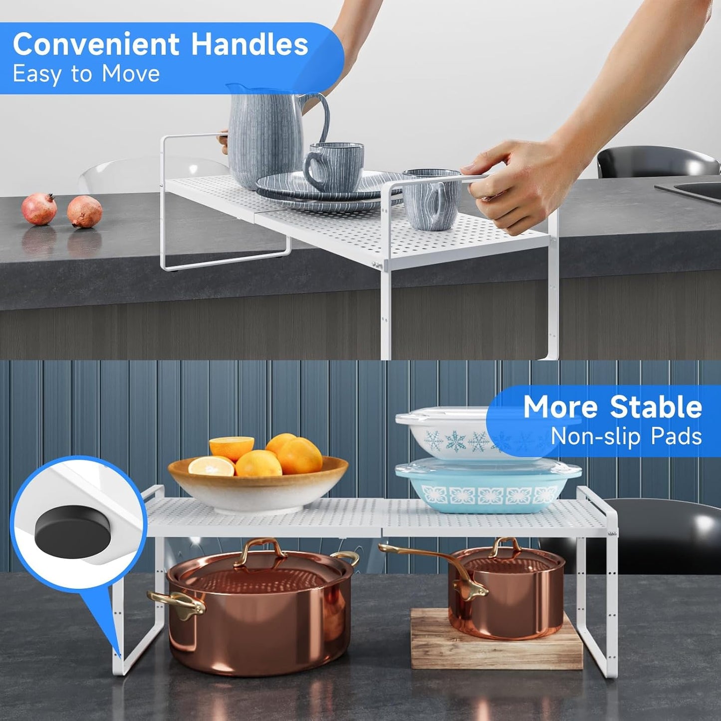 Expandable Cabinet Shelf Organizers, Kitchen Small Stand Rack Organization for Countertop Cupborad Pantry, White 2 Pack