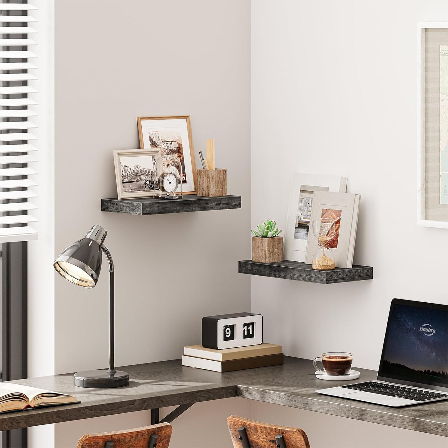 HOOBRO Floating Shelves for Wall, Wall Mounted Shelf Set of 2, 15.7" Hanging Shelf with Invisible Brackets, for Wall in Bathroom, Bedroom, Toilet, Kitchen, Living Room, Office, Charcoal Gray BC40BJ01