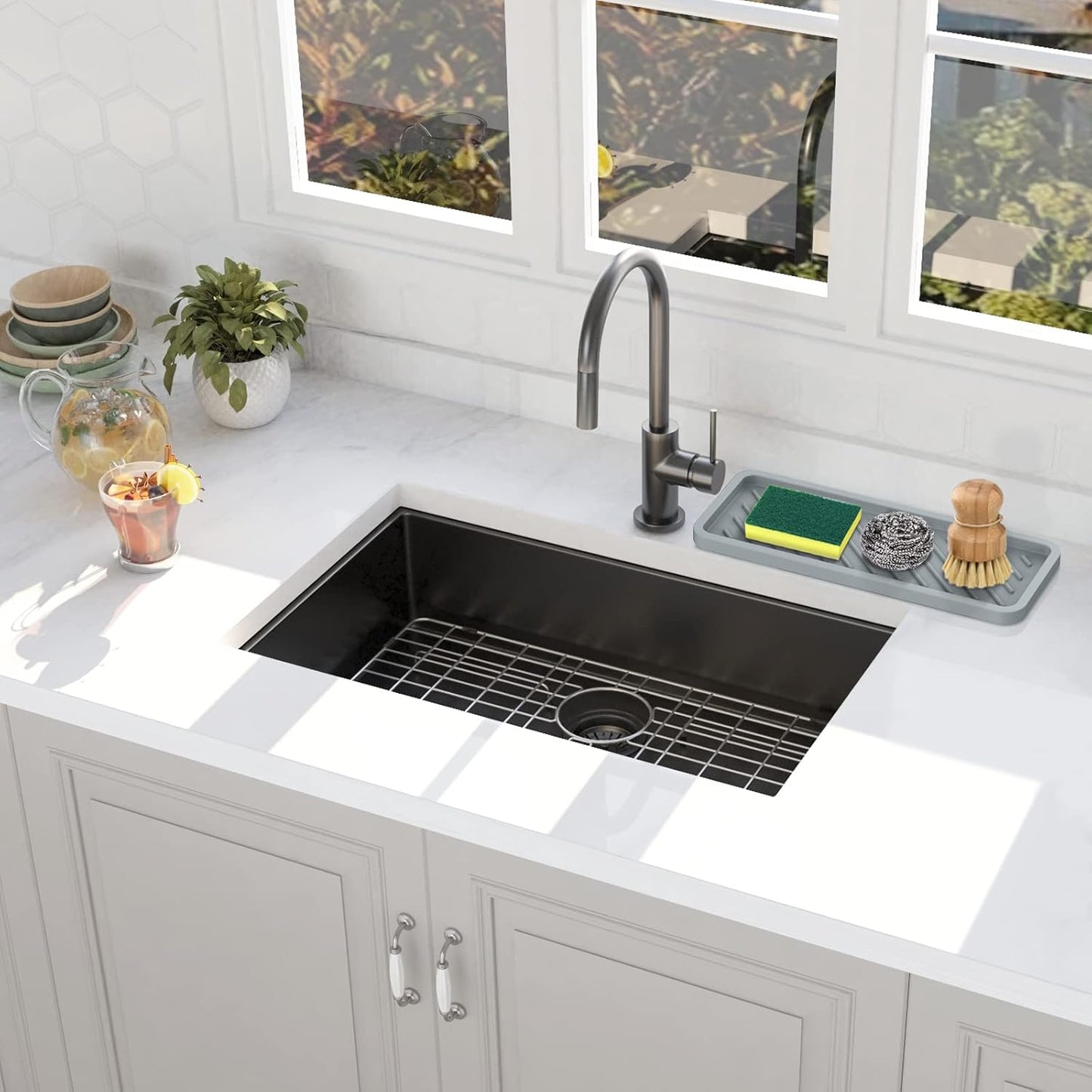 EG-SIPRO Silicone Sponge Holder, Extra Large 12" Kitchen Sink Organizer Tray, Sponge Caddy, Dish Soap Holder, Scrubber, Soap Dispenser, Scouring Pad