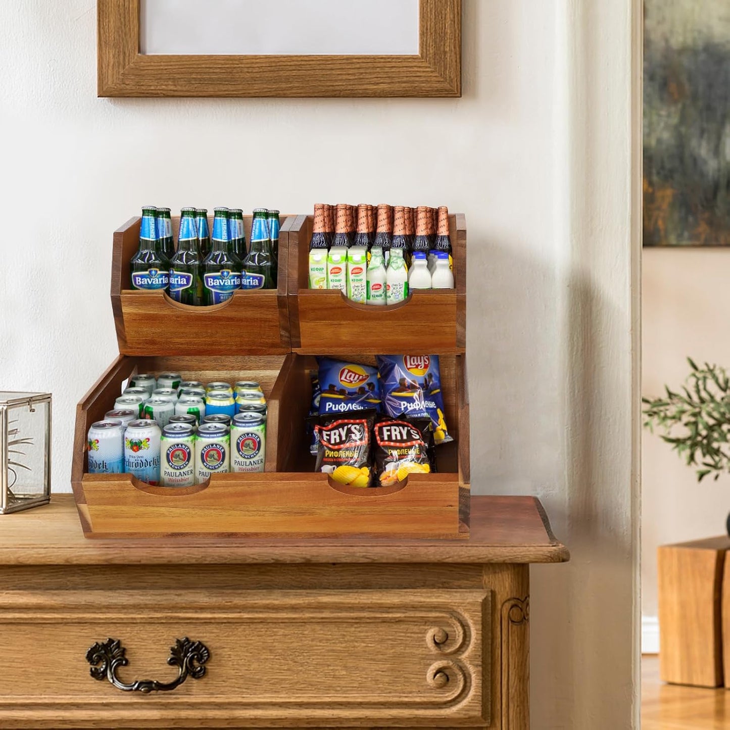 3 in 1 Acacia Wood Pantry Storage Bins for Kitchen(No installation Required)-Potato and Onion Storage Bins,2-tier Vegetable and Fruit Organizer with Anti-slip Mat,Stacking Bins for Kitchen & Pantry