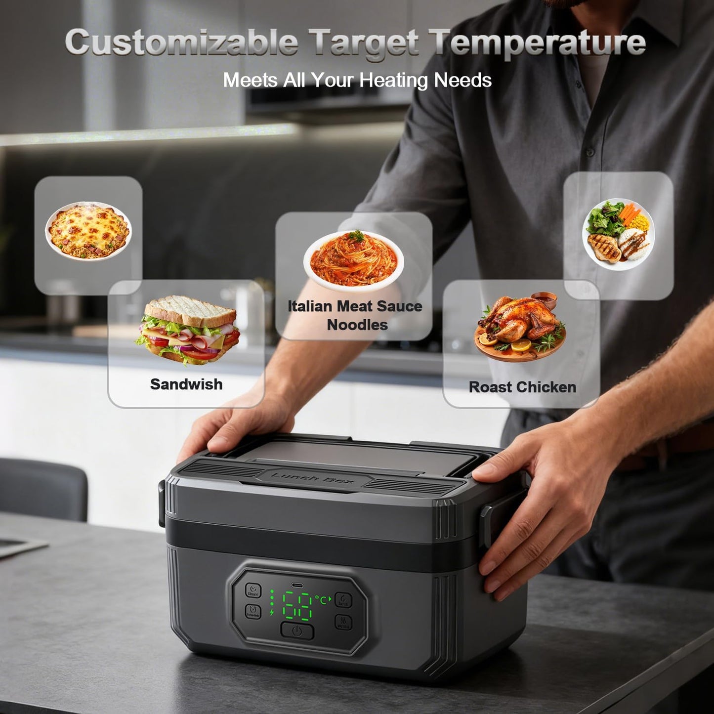 1.6L Cordless Electric Lunch Box - 24000mAh Heated Lunch Box Battery Powered with Automatic Heating, 9-Timer & 5-Temp Setting, Leakproof 304 Stainless Steel Container, Perfect for Office/Truck/Outdoor