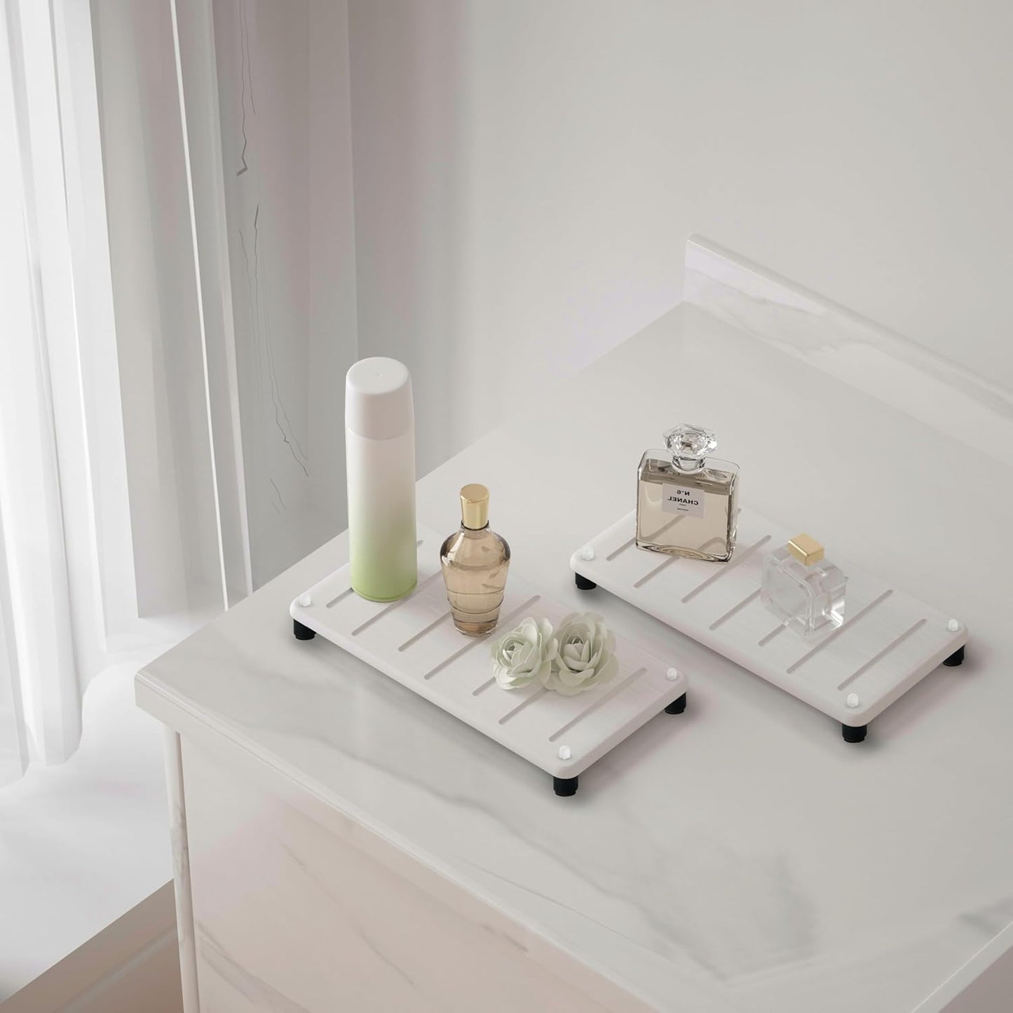 2PCS Water Absorbing Stone Drying Mat for Bathroom Sink & Kitchen Counter Organizer, Instant Dry Soap Dispenser Sponge Holder, Sink Caddy, Vanity Tray (8.66"x4.33"-White)