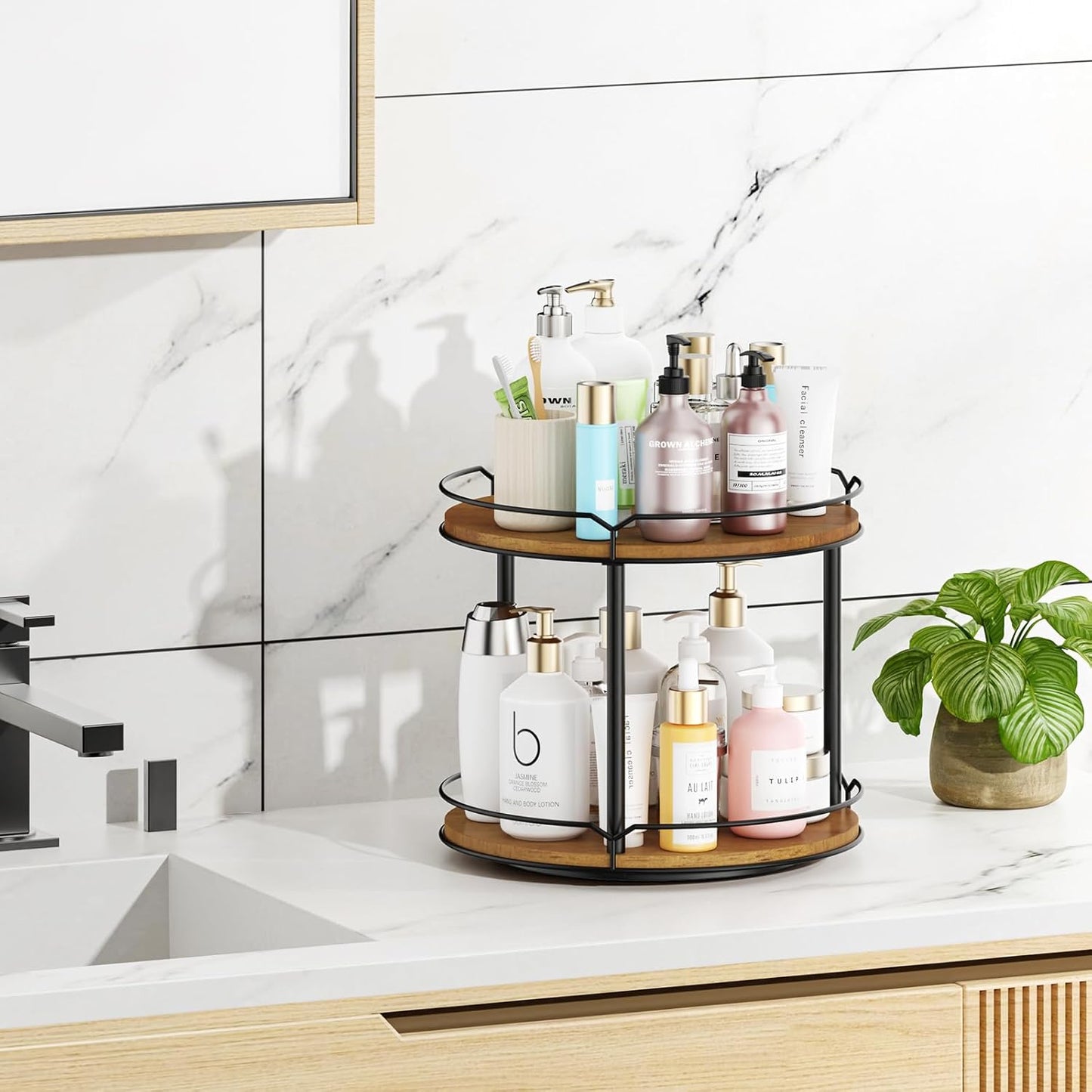 12.4" Lazy Susan Organizer 2 Tier - Rotating Spice Rack, Wooden Spinning Spice Holder for Inside Cabinet, Pantry, Kitchen, Countertop, Bathroom and Vanity, Versatile Storage