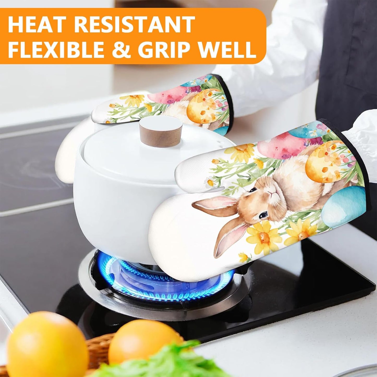 Easter Rabbits Oven Mitts and Pot Holders Sets 4Pcs,Extra Long Oven Gloves Potholder for Kitchen Cooking Baking BBQ 100% Cotton Heat Resistant