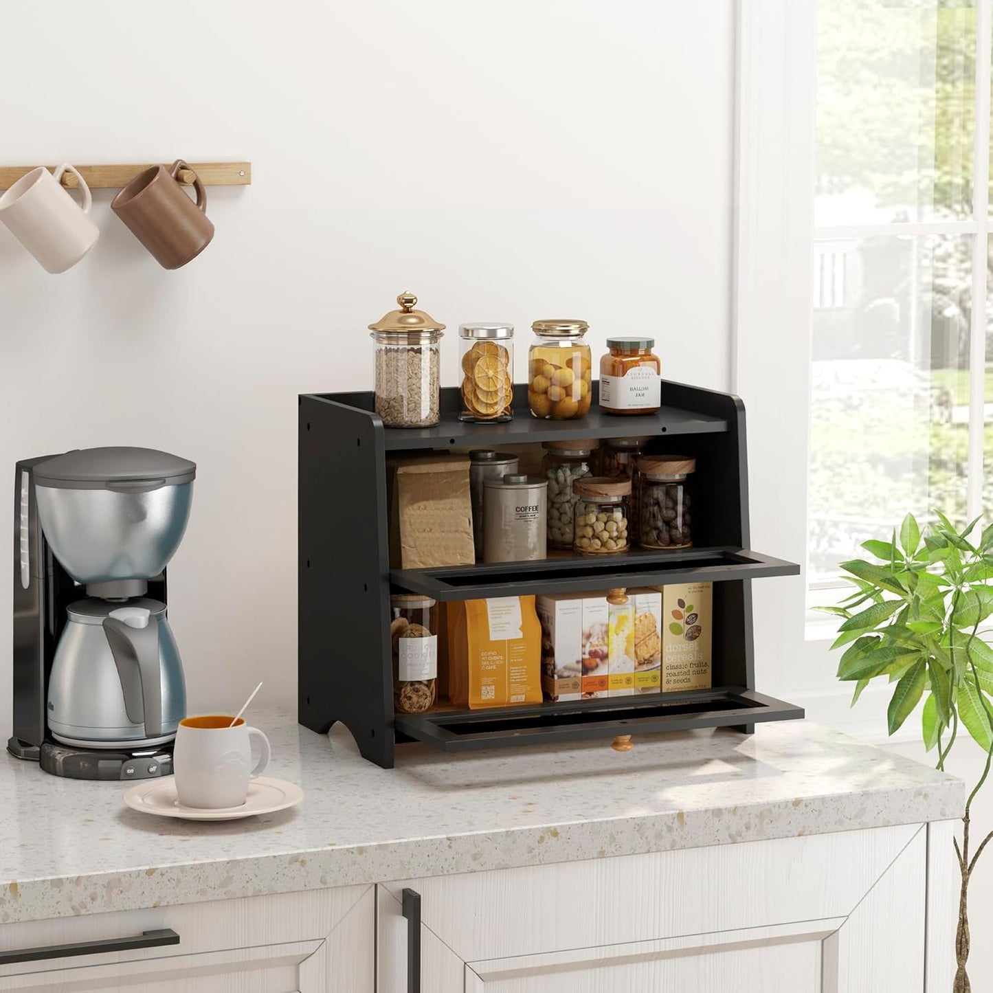 Double Layer Bread Box for Kitchen Countertop, Large Breadbox Bread with Windows, Wooden Farmhouse Bread Holder (Black)