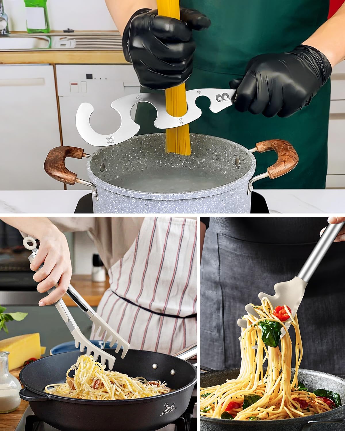 Silicone Spaghetti Spoon & Pasta Tong With Pasta Measurer, 3 Pack of Non-Stick Stainless Steel Handle Pasta Fork Set with Teeth, Food Clip for Easy Serving of Noodles (KHAKI)