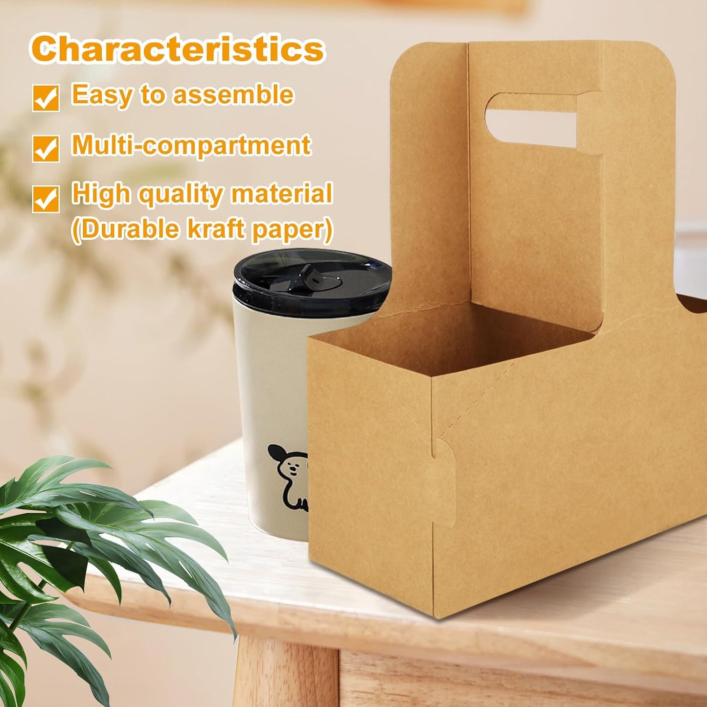 CertBuy 50 Pack 2 Cup Drink Carrier With Handle Kraft Paperboard Cup Holder Disposable Cup For Drinks, Takeout, Cafe And Restaurant Food Service Delivery