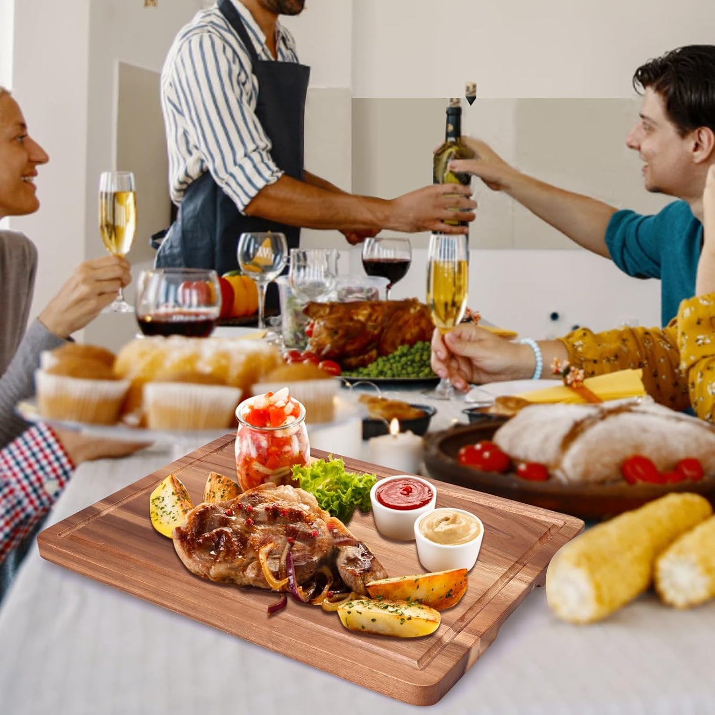 Acacia Wood Cutting Boards for Kitchen, Wooden Chopping Board with Side Handle and Juice Groove, 15" X 11" Carving Board, Butcher Block, Cheese Charcuterie Boards for Meat, Fruit, Steak