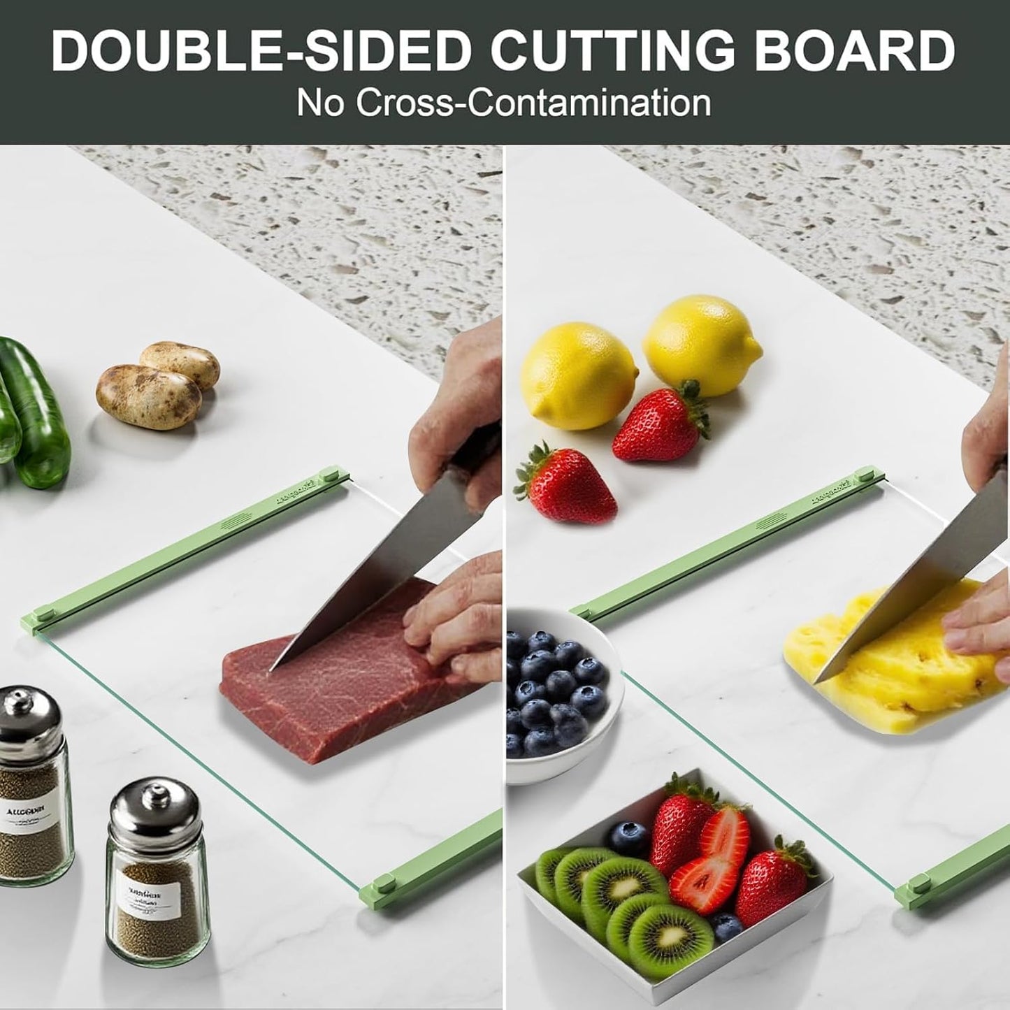 Glass Cutting Board with Silicone Grip, 80% Stronger Shatter Resistance and Slip Resistance,No Scratches/Microplastic-Free,Dishwasher Safe, Non Toxic Cutting Board for Kitchen (Green-2PCS)