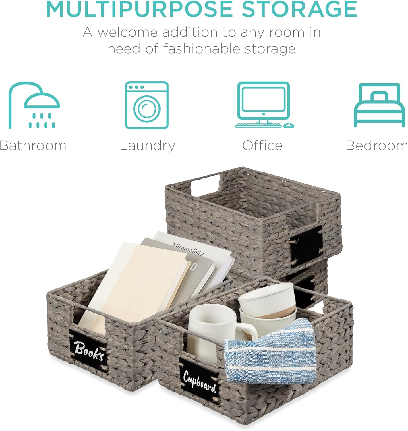 Best Choice Products Set of 4 9x12in Water Hyacinth Pantry Baskets, Woven Organizers w/Chalkboard Label, Chalk Marker - Gray